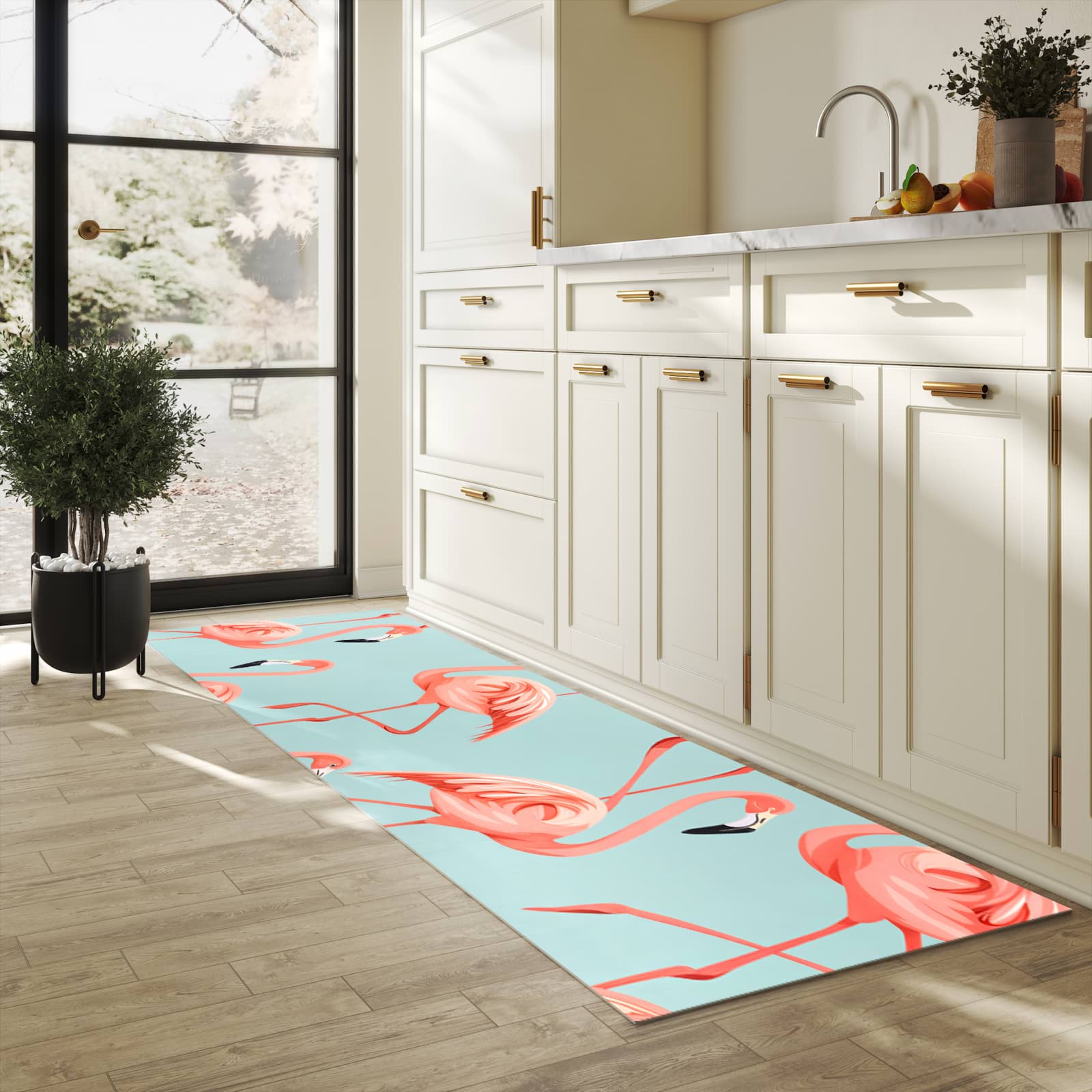 Waschbarer Küchenteppich mit Motiv Flamingo Design in heller Küche