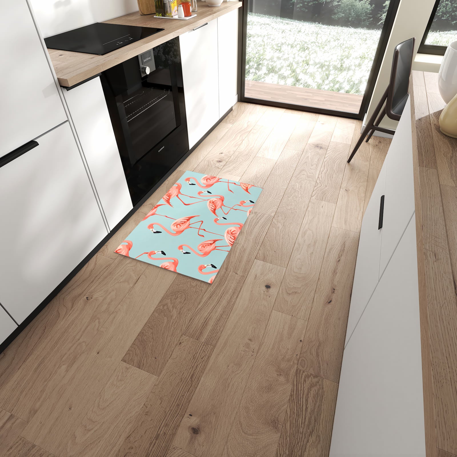 Zeitsparender abwaschbarer Küchenteppich mit Motiv Flamingo Design in moderner Küche