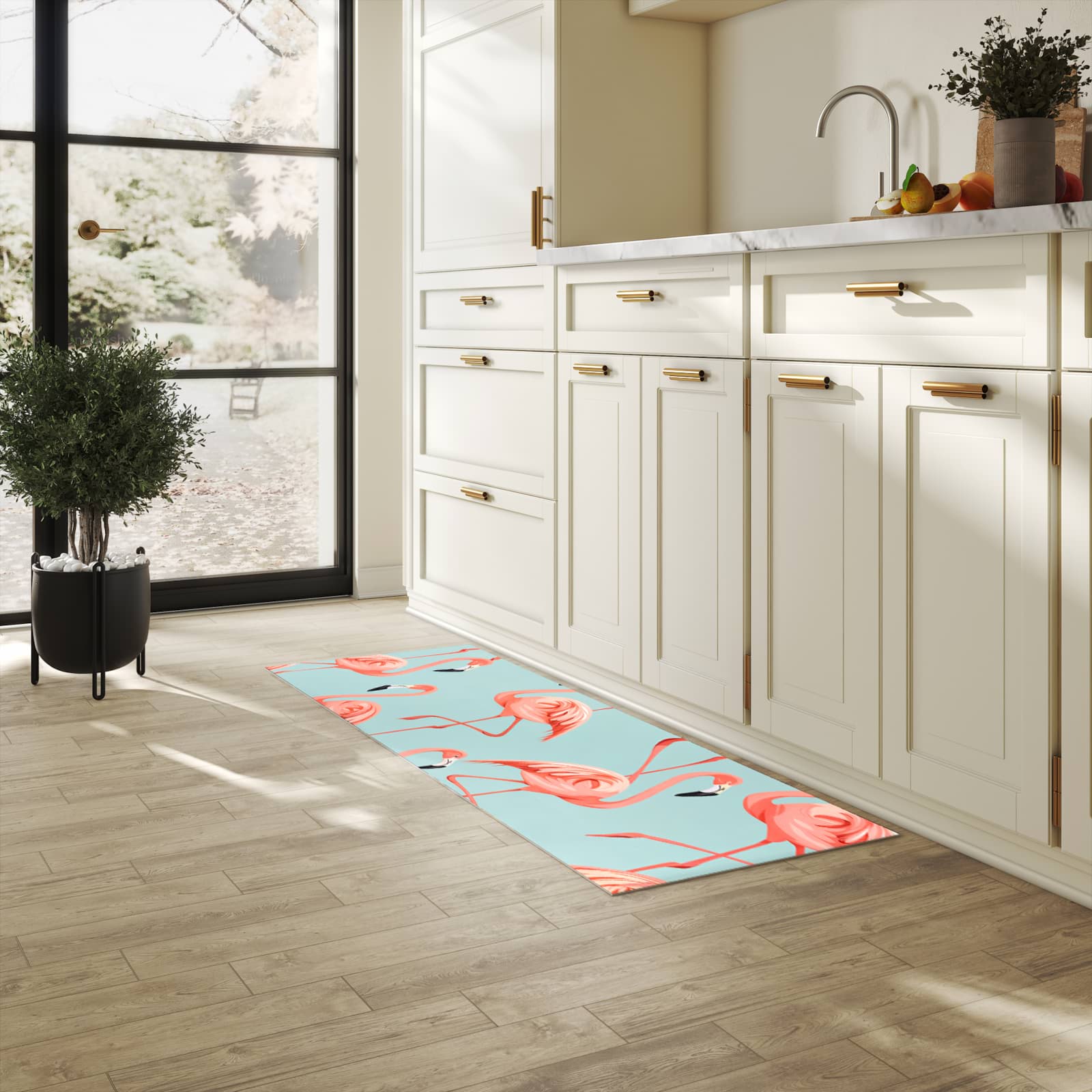 Pflegeleichter Küchenläufer mit Motiv Flamingo Design in heller Küche