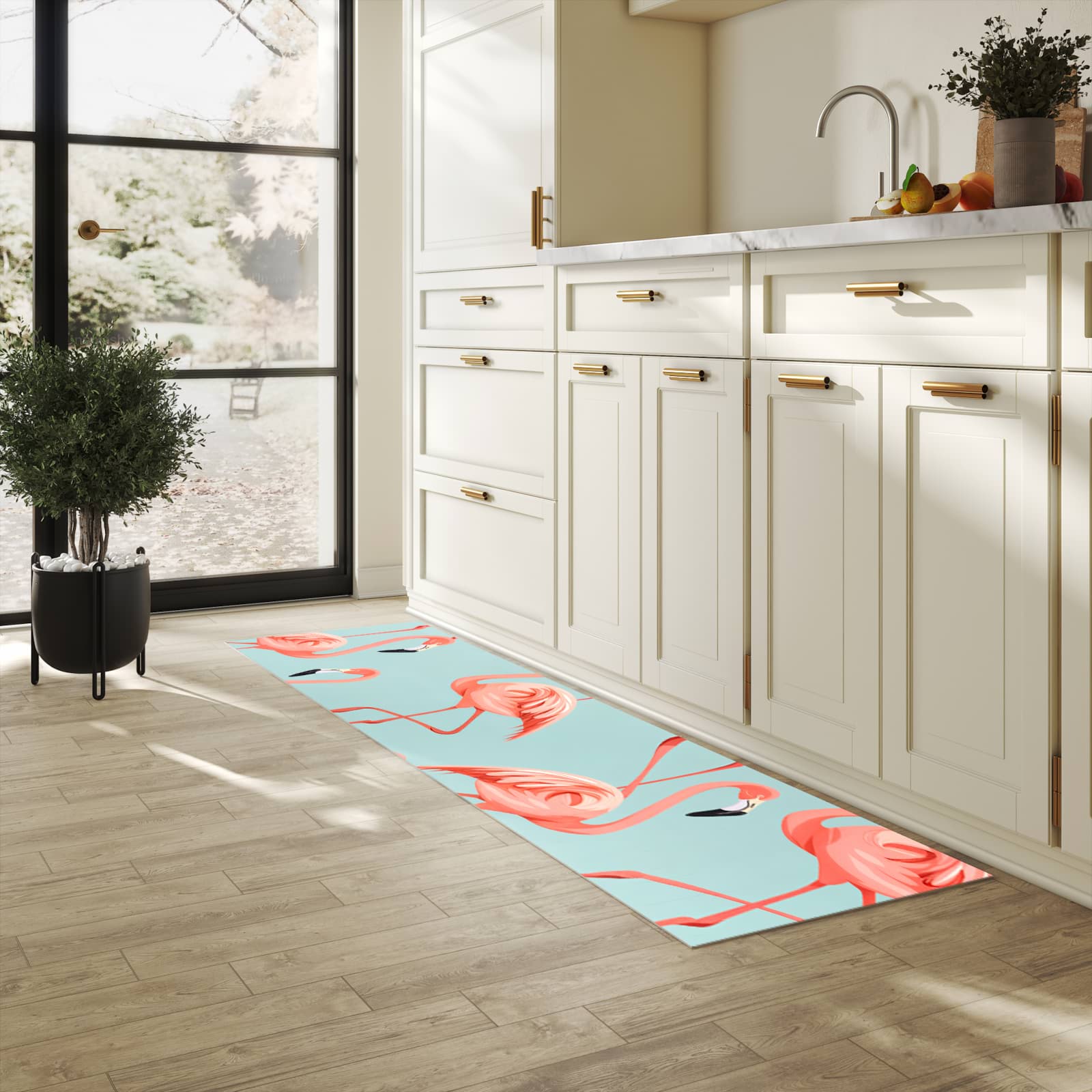 Komfortabler abwaschbarer Küchenteppich mit Motiv Flamingo Design in heller Küche