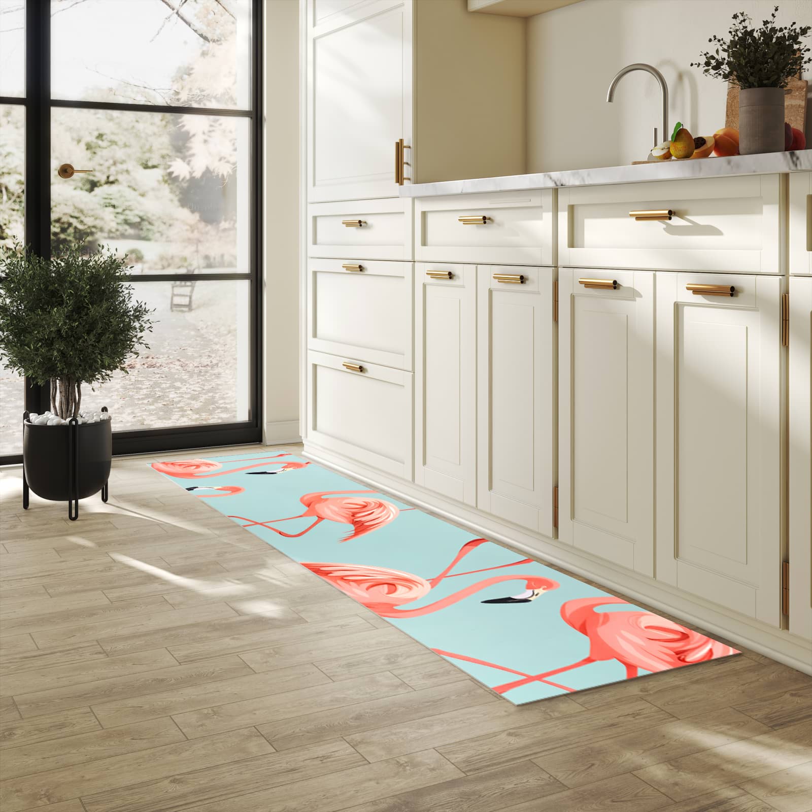 Rutschfester Küchenläufer mit Motiv Flamingo Design in heller Küche