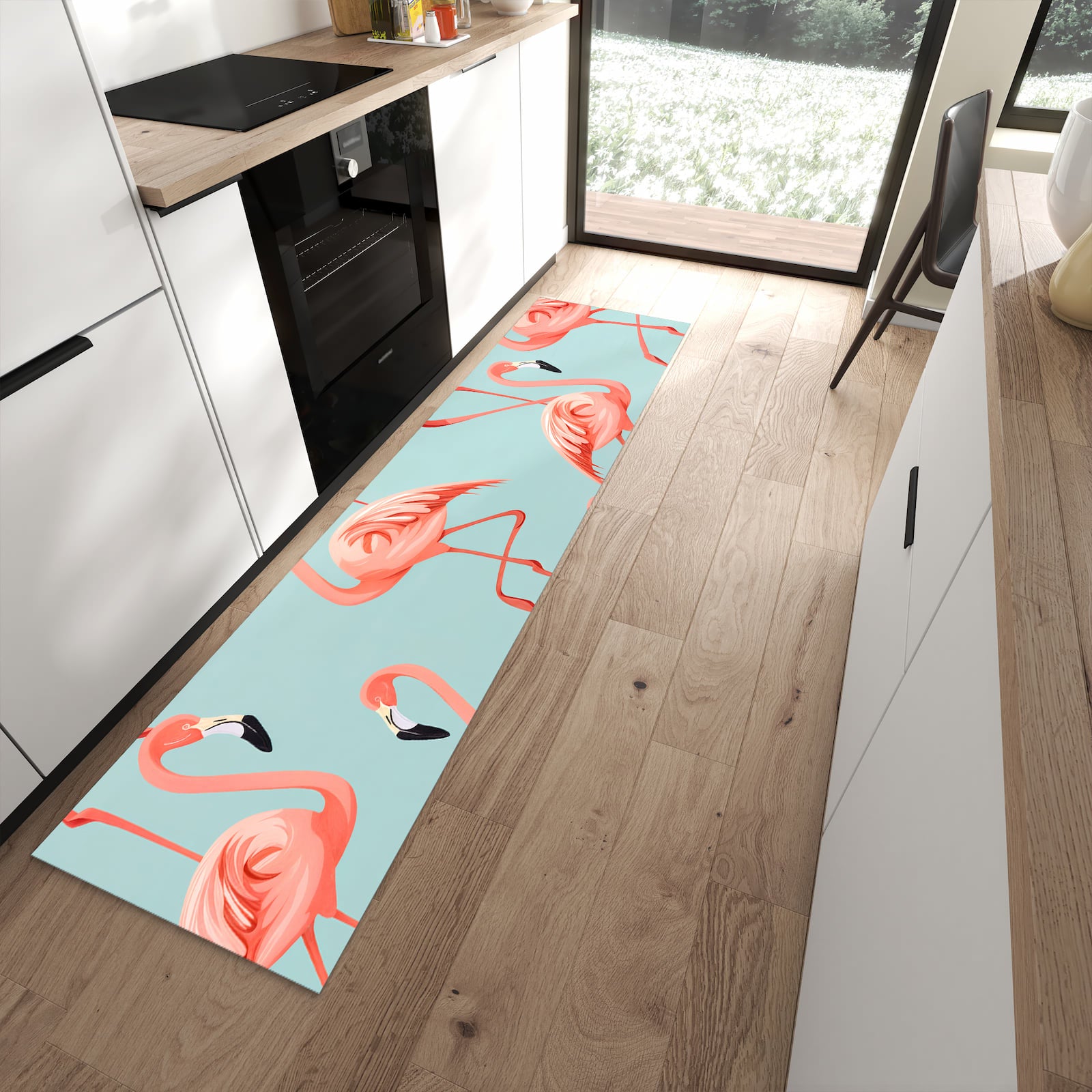 Farbbeständiger Küchenläufer mit Motiv Flamingo Design in moderner Küche zum Waschen