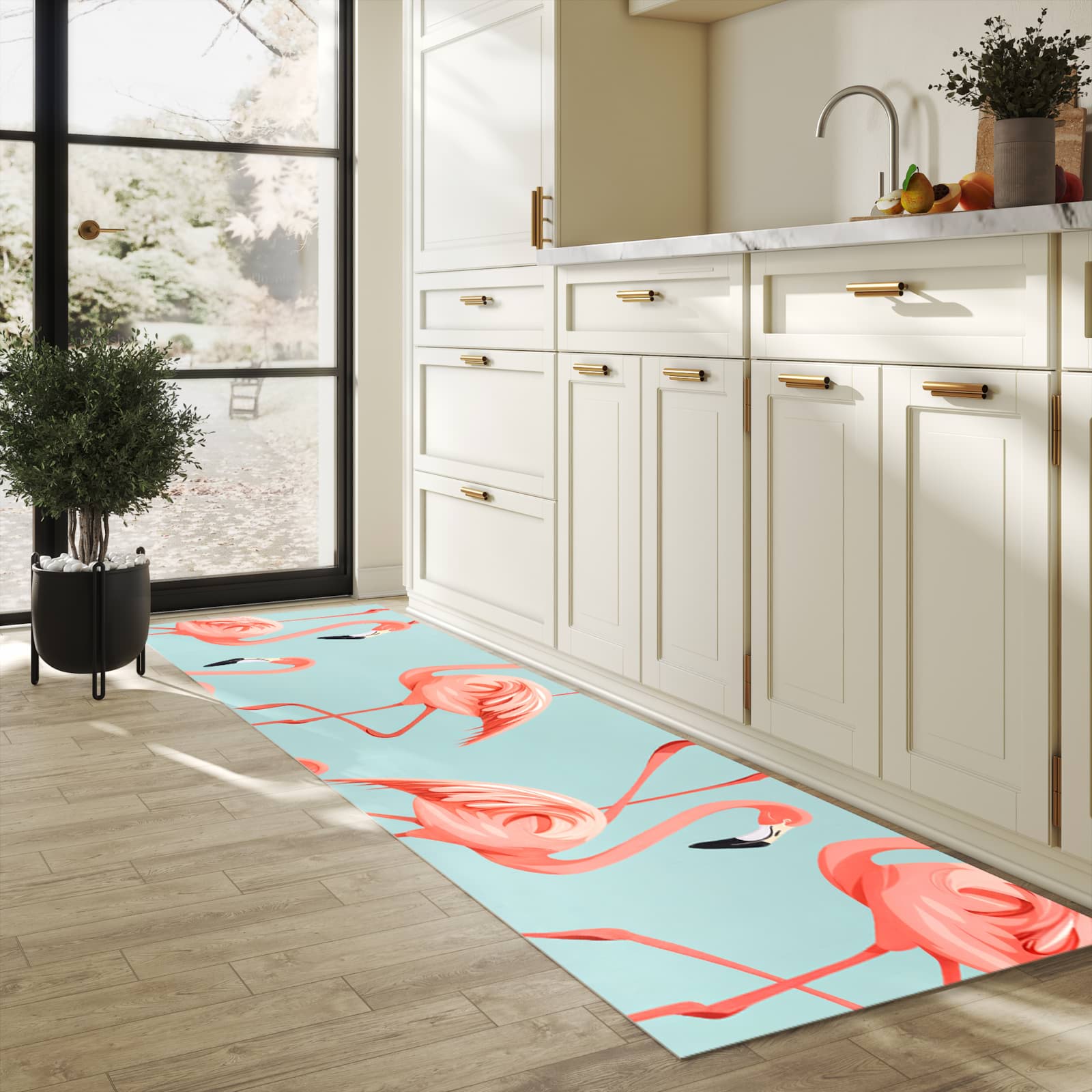 Langlebiger Küchenteppich mit Motiv Flamingo Design in heller Küche