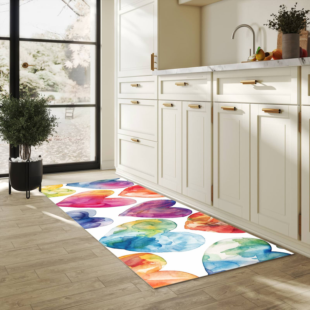 Komfortabler langer Teppich mit Motiv Aquarellherzen in heller Küche