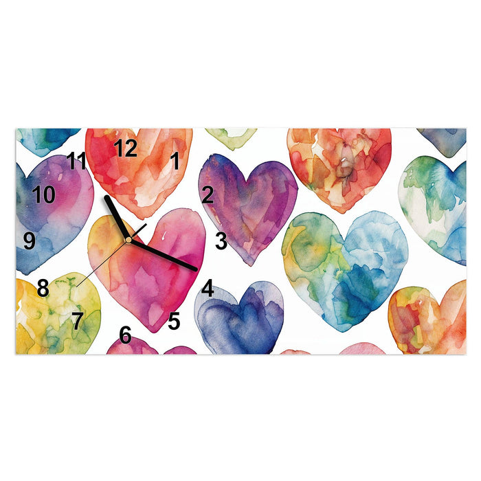 Wanduhr Aquarellherzen aus Glas – Querformat 60 × 30 cm mit Ziffernblatt Modern