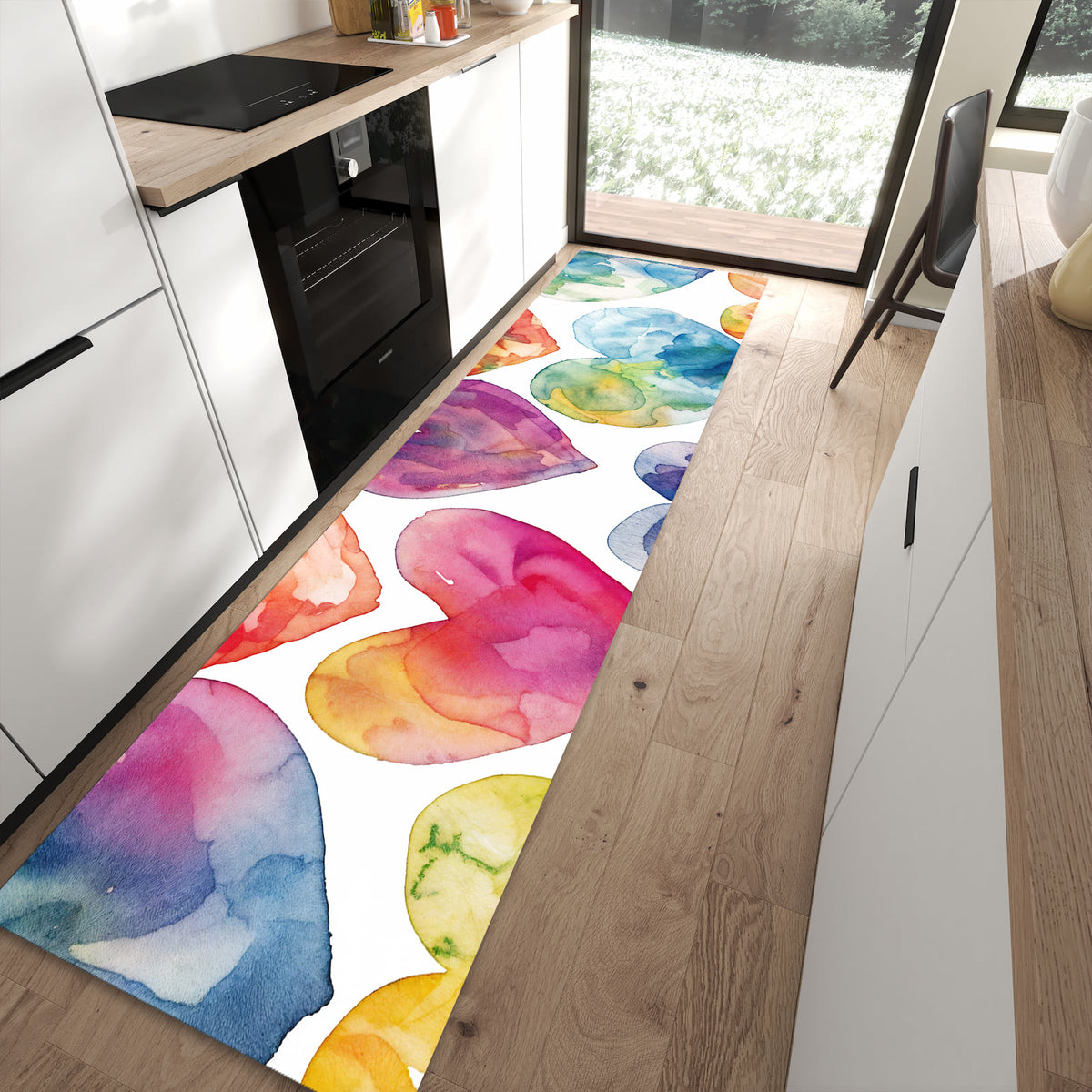 Rutschfester waschbarer Küchenläufer mit Motiv Aquarellherzen in moderner Küche