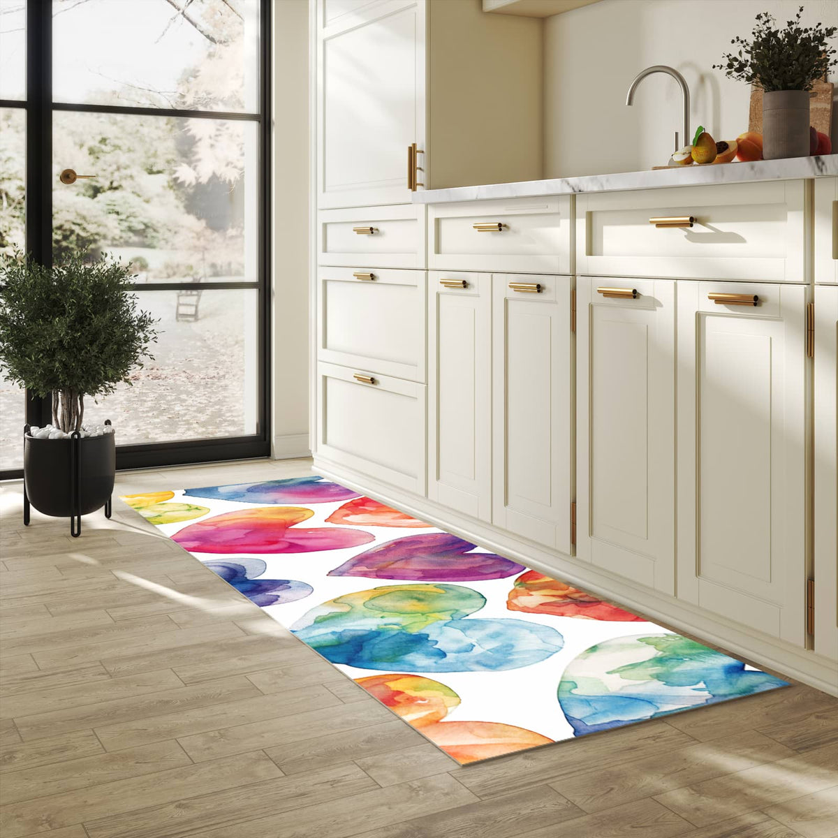 Geruchsneutraler Küchenläufer mit Motiv Aquarellherzen in heller Küche