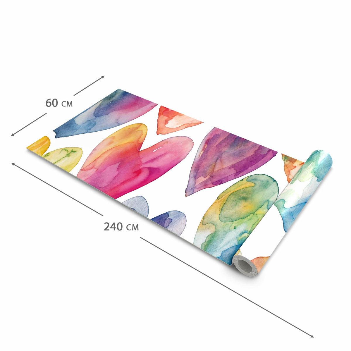 Formstabiler waschbarer Küchenteppich mit Motiv Aquarellherzen in der Grösse 60x300 cm