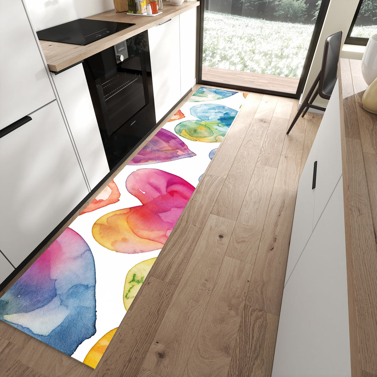 Küchenvorleger mit Motiv Aquarellherzen für angenehme Haptik in moderner Küche