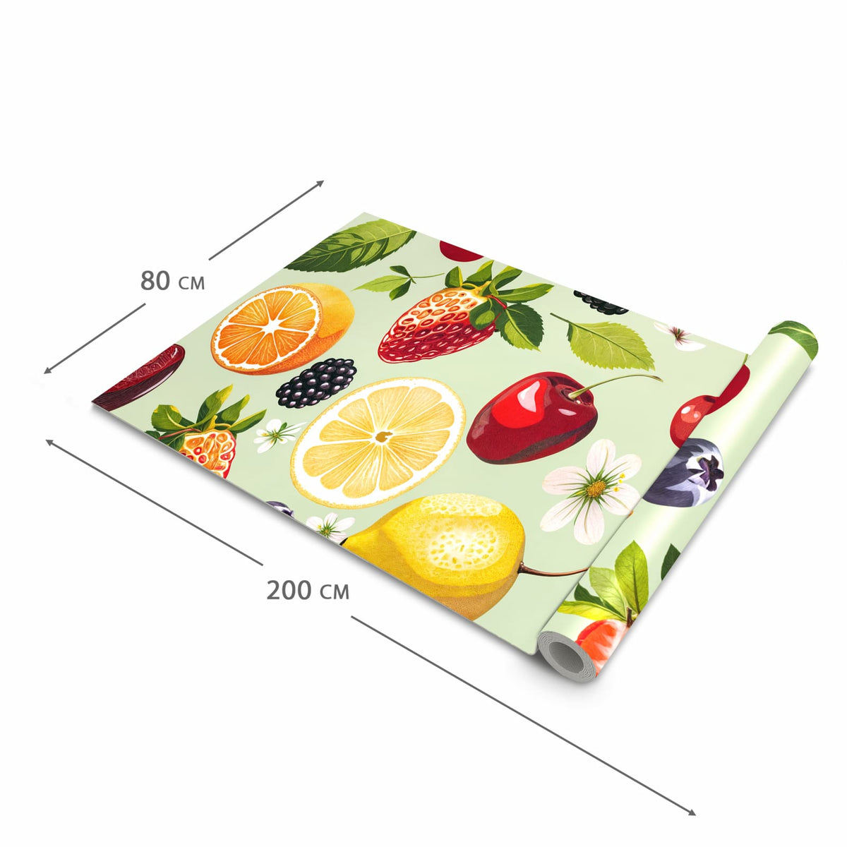 Strapazierfähiger dünner Teppich mit Motiv Fruchtmix in der Grösse 60x300 cm