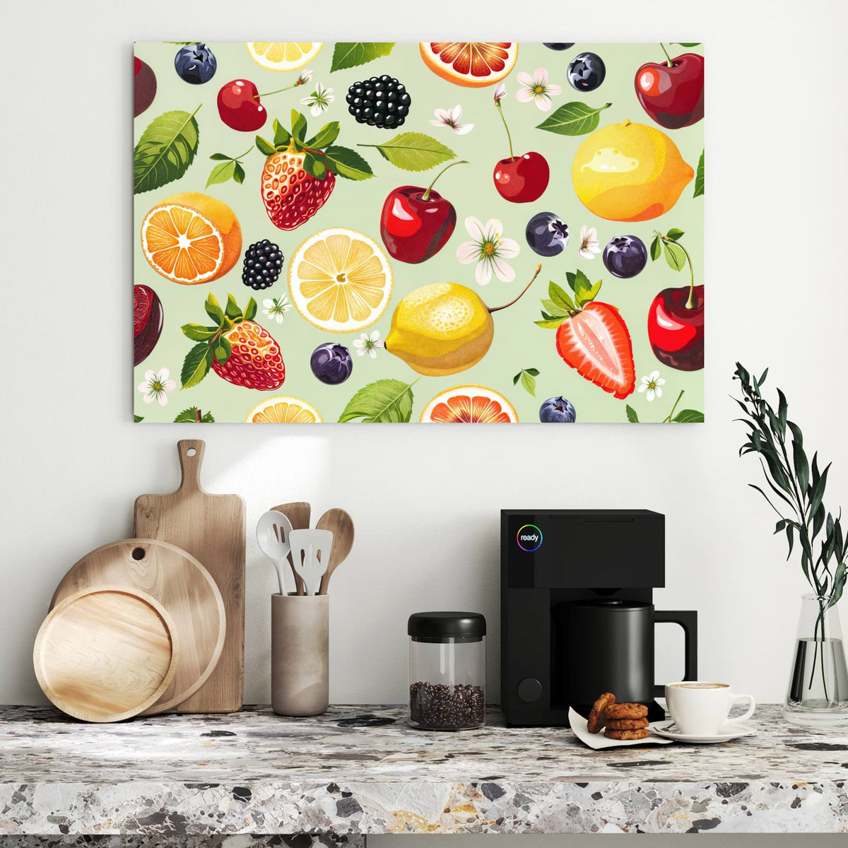 Metall Magnettafel - Früchte auf Pastellgrün – Beeren und Zitrusfrüchte auf Pastellgrün