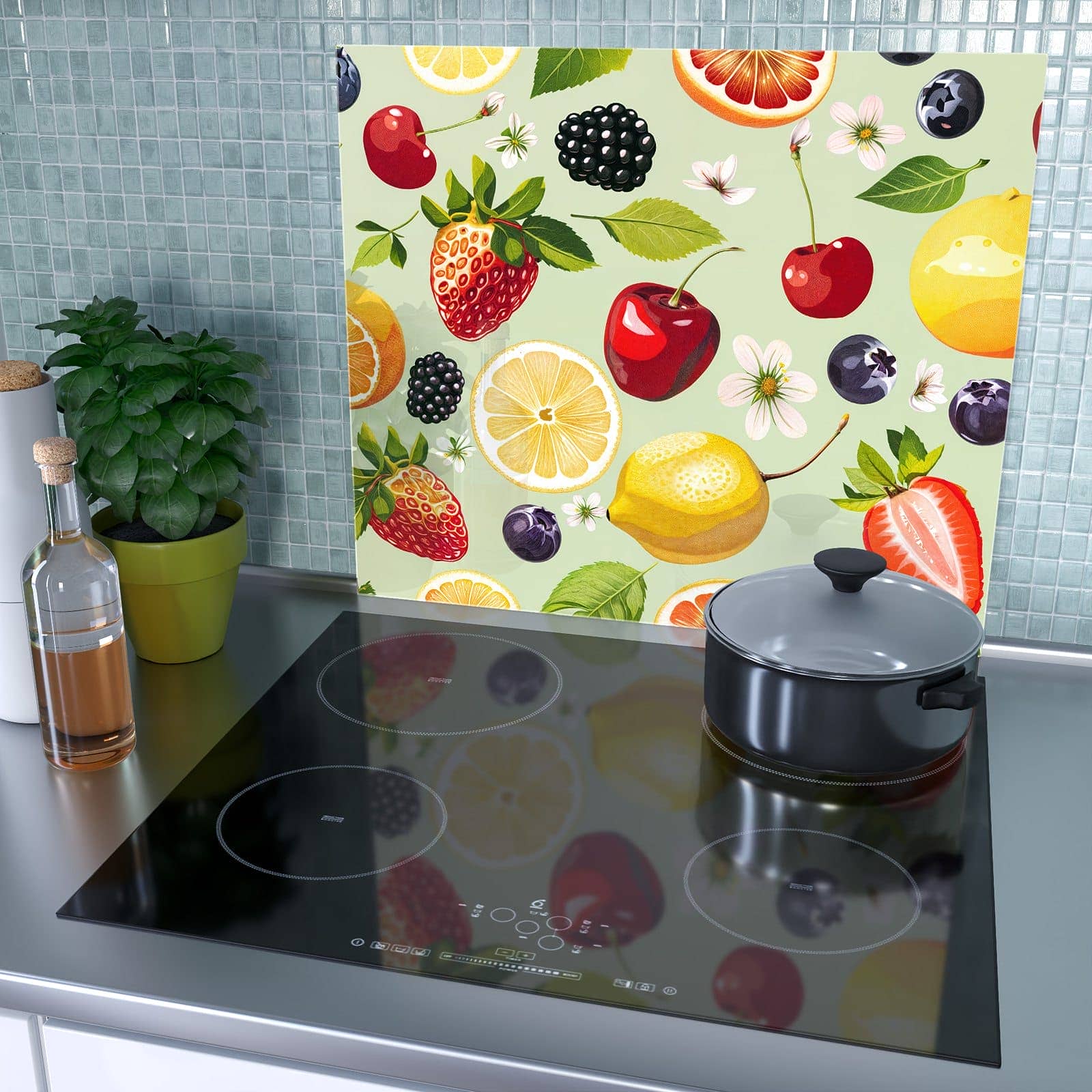 1-teilige Glasplatte für Herd mit Fruchtmix-Motiv als Spritzschutz hinter dem Kochfeld