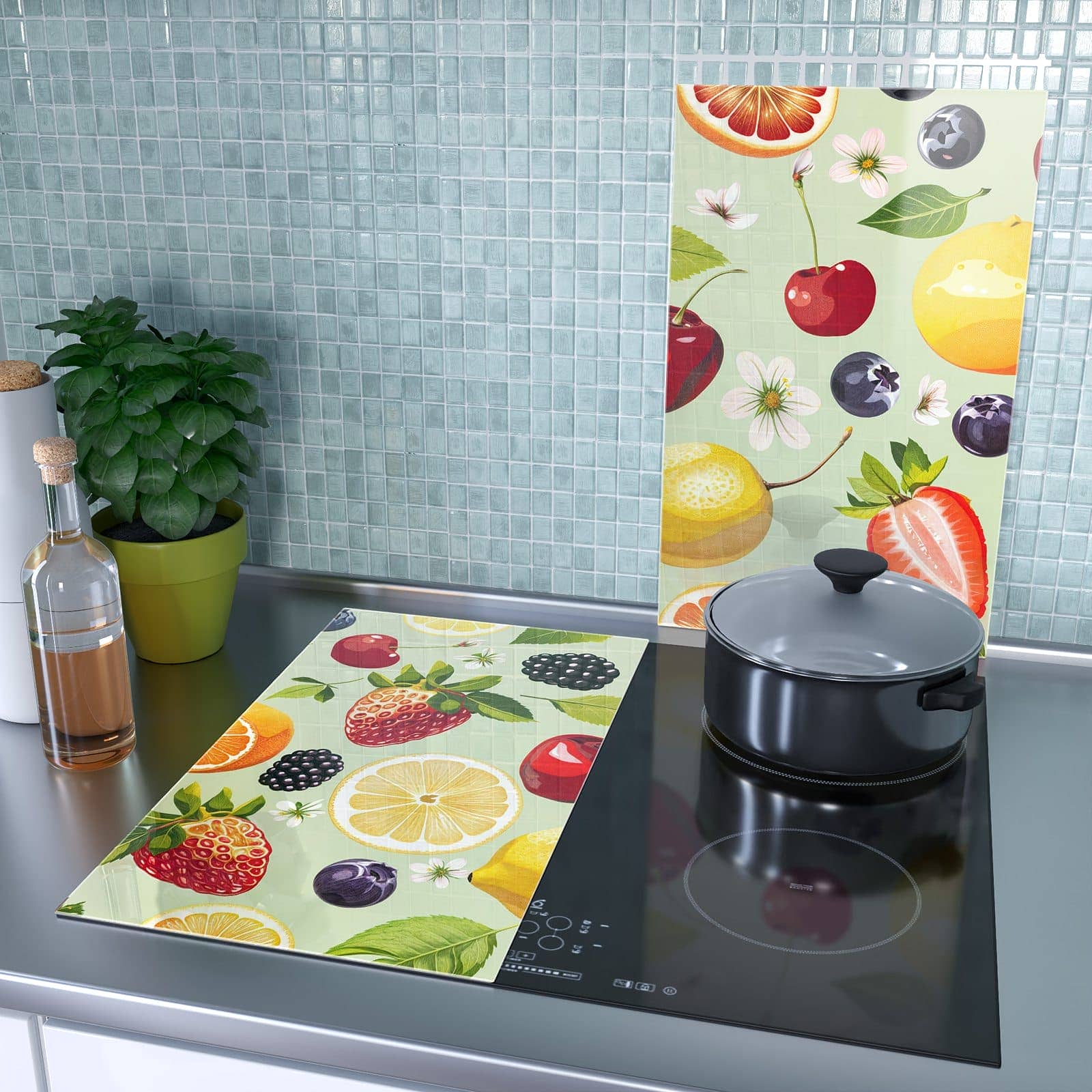 2-teilige Abdeckplatten für Herd mit Fruchtmix-Motiv als Spritzschutz hinter dem Kochfeld