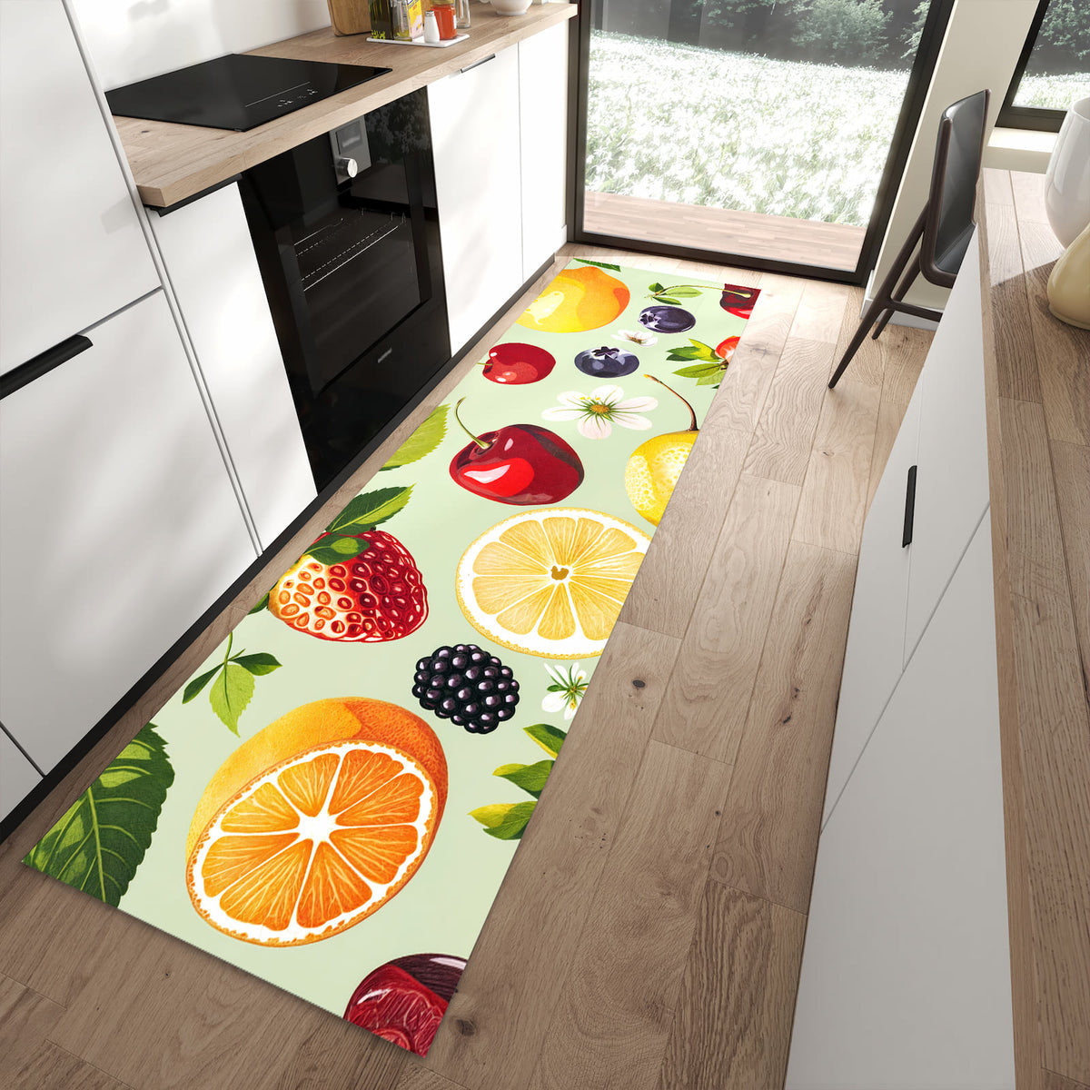 Waschbarer Küchenläufer mit Motiv Fruchtmix in moderner Küche