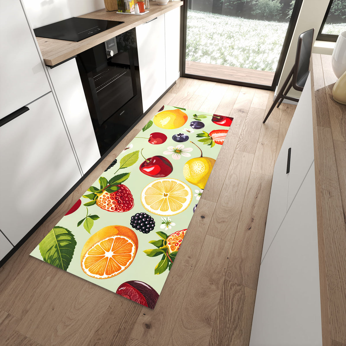 Hygienischer Küchenläufer mit Motiv Fruchtmix in moderner Küche