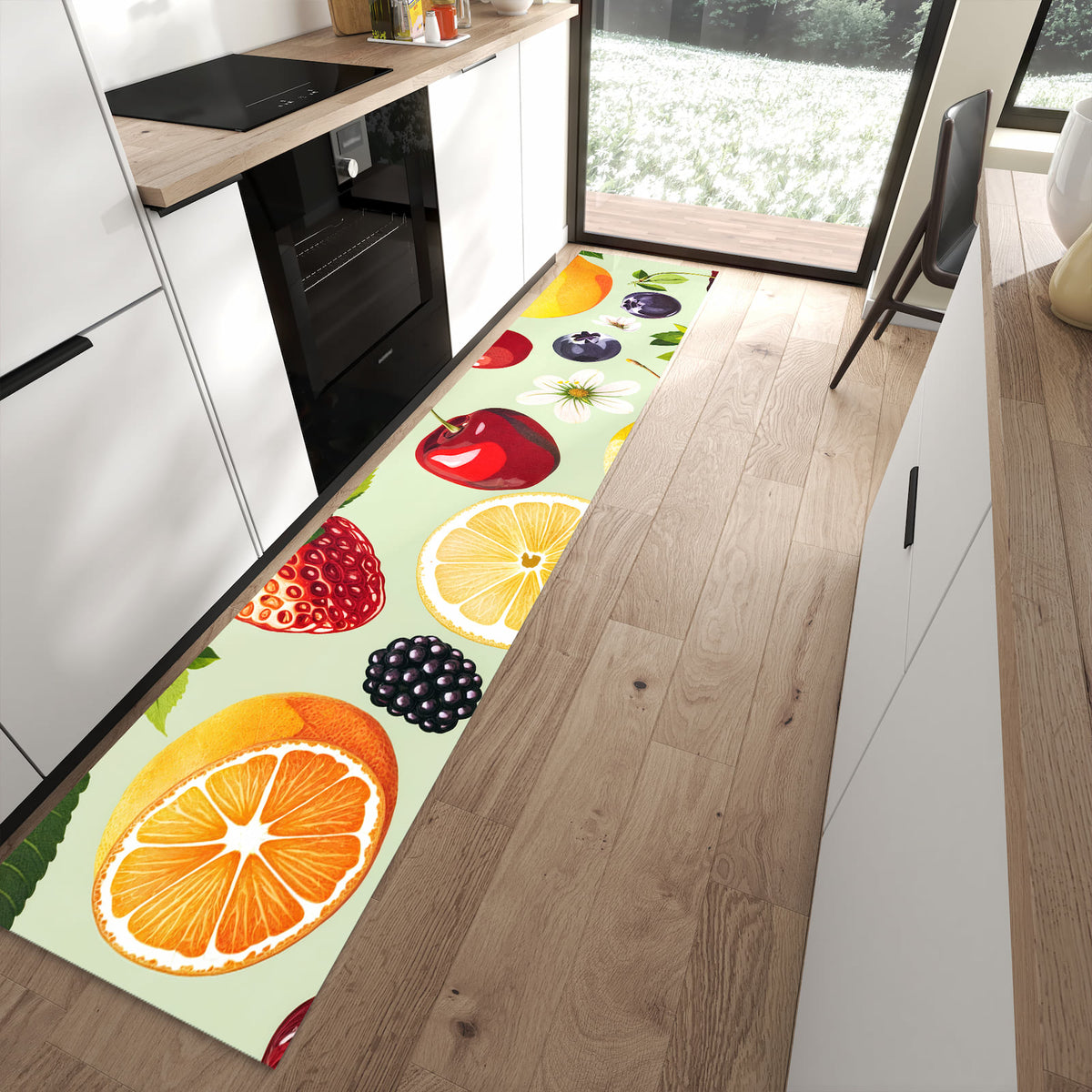 Waschbarer Küchenteppich mit Motiv Fruchtmix in moderner Küche