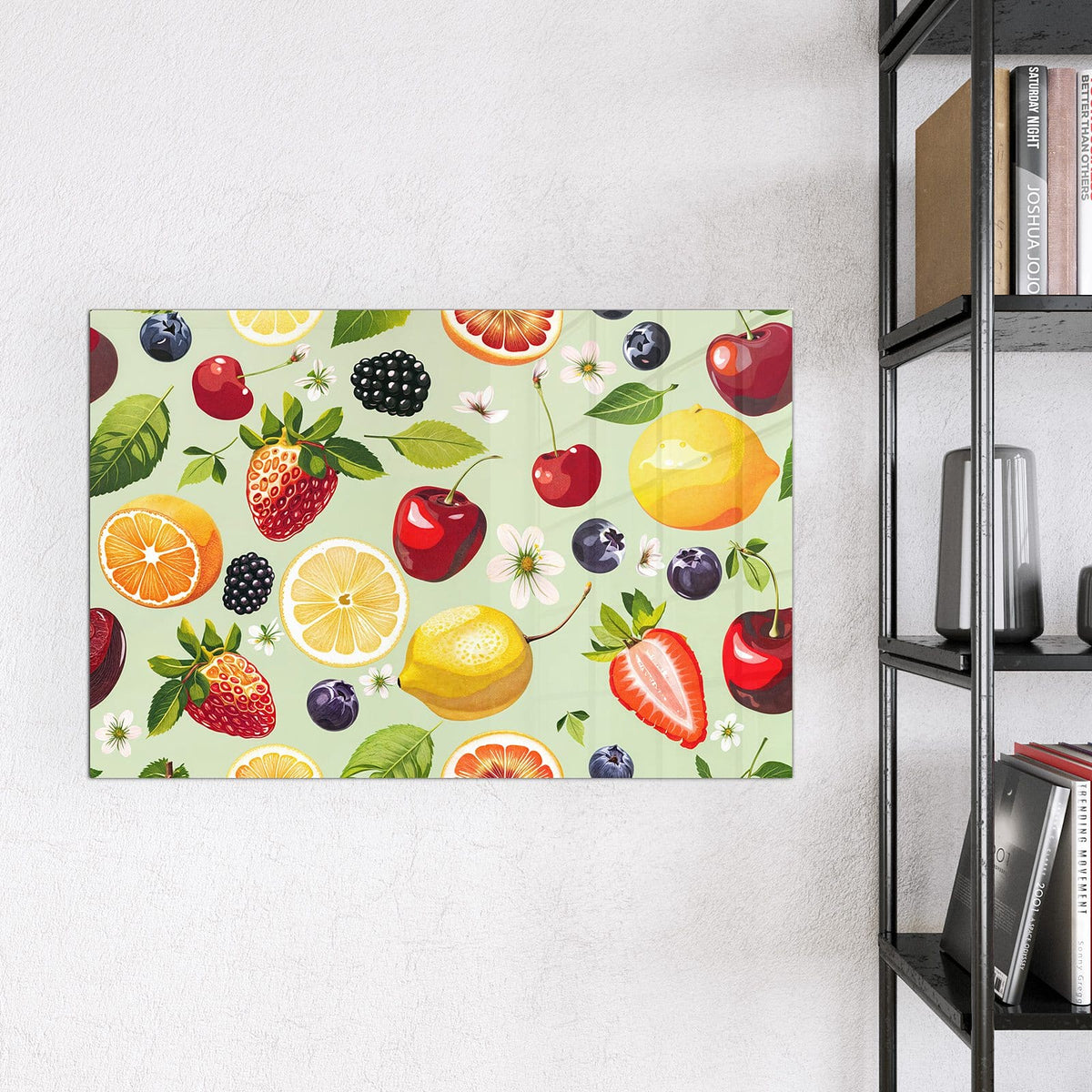 Magnettafel - Früchte auf Pastellgrün – Beeren und Zitrusfrüchte auf Pastellgrün
