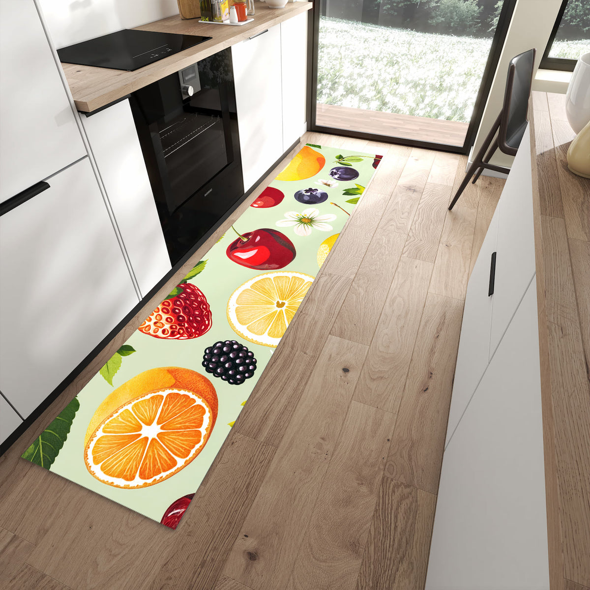 Rutschfester Küchenteppich mit Motiv Fruchtmix in moderner Küche