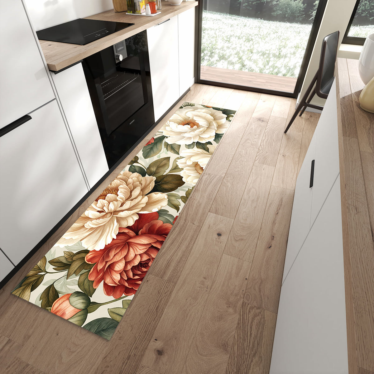 Waschbarer Küchenteppich mit Motiv Florales Blütenmuster in moderner Küche für sichere Aufbewahrung
