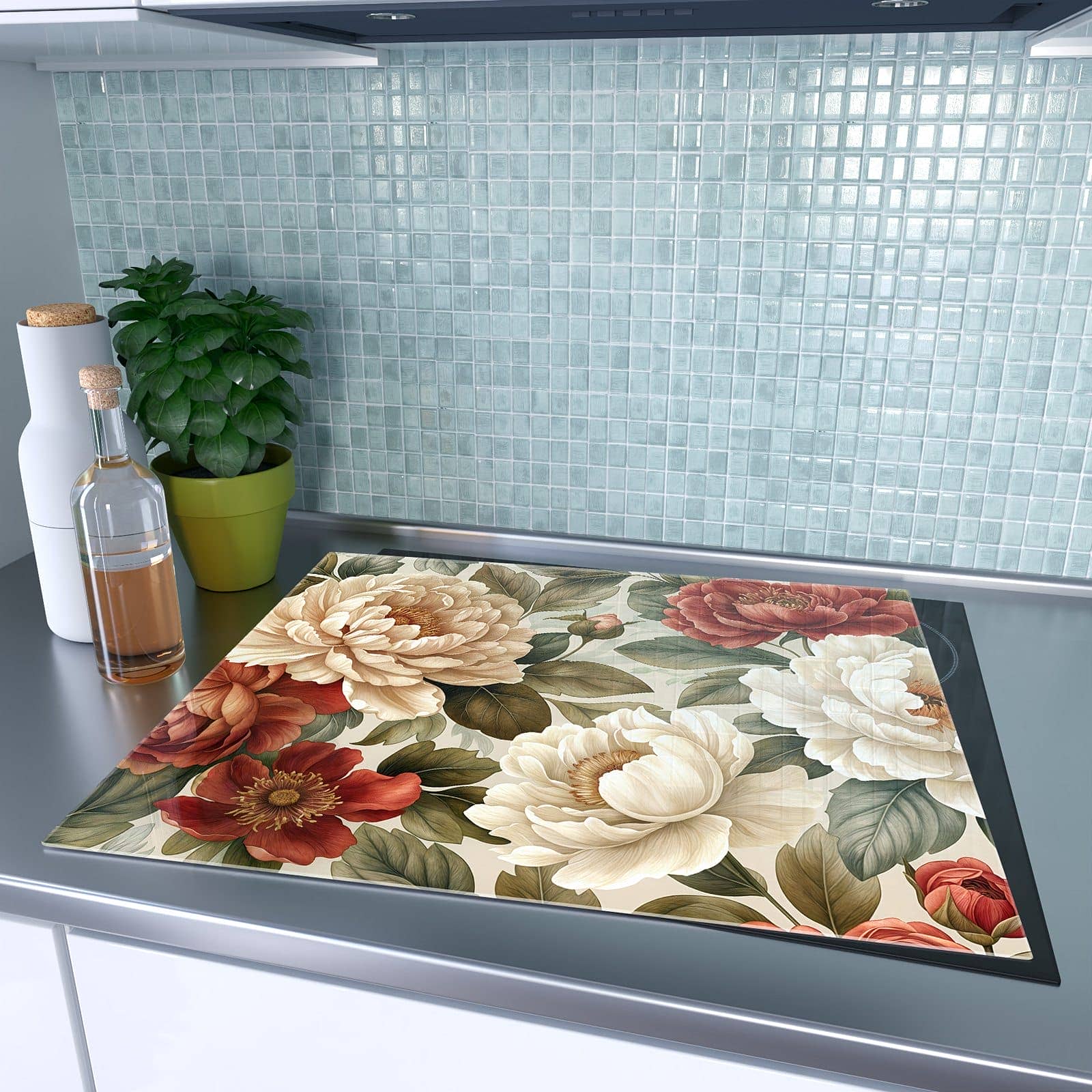 1-teilige Herdabdeckplatten für Ceranfeld mit Florales Blütenmuster-Motiv auf dem Ceranfeld