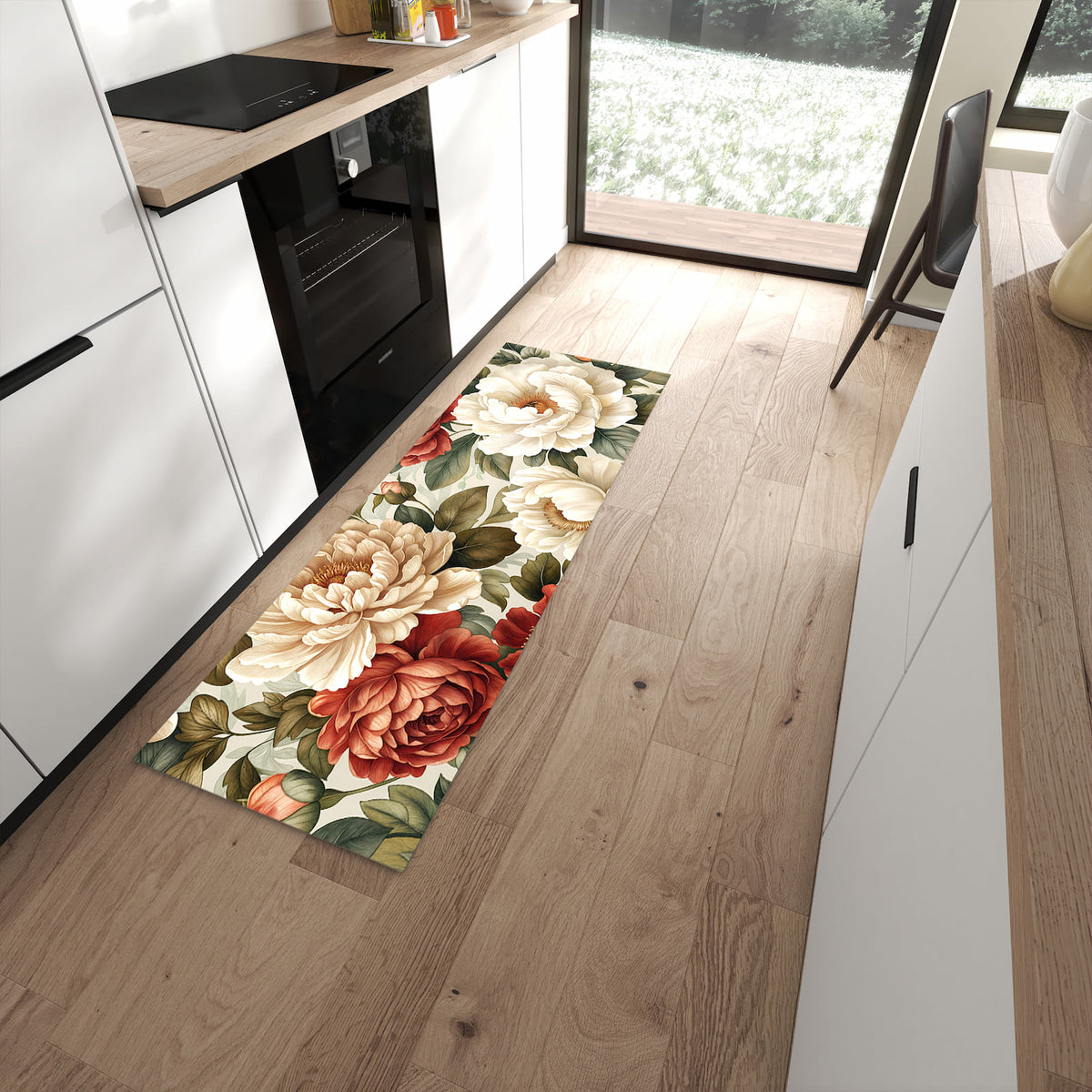 Formstabiler rutschfester Küchenteppich mit Motiv Florales Blütenmuster in moderner Küche