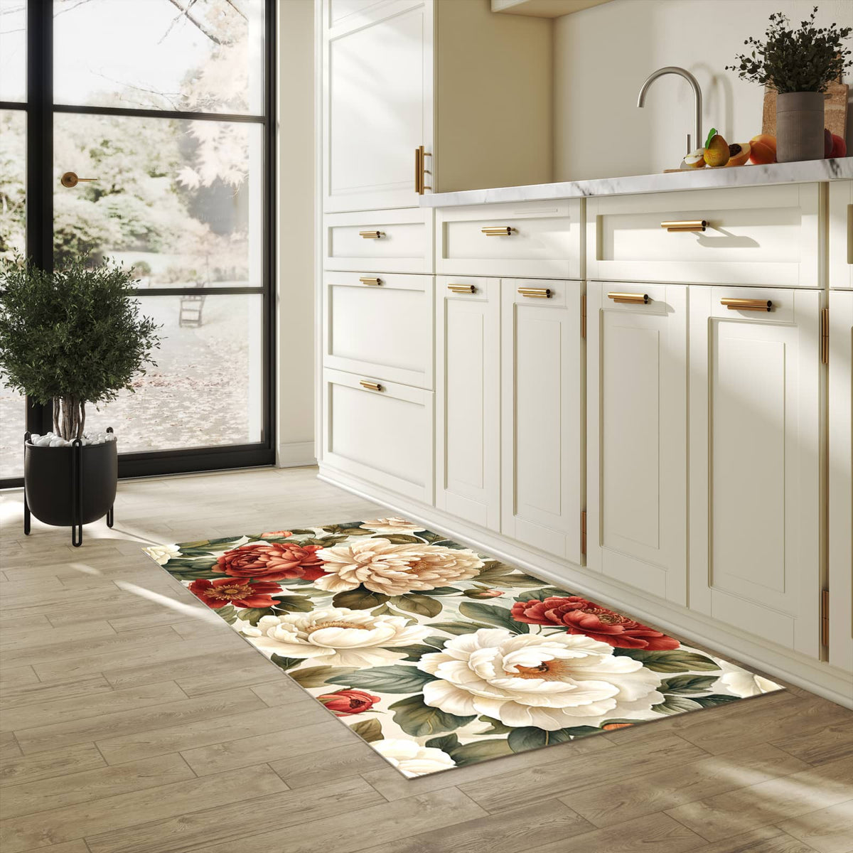 Waschbarer Küchenteppich mit Motiv Florales Blütenmuster in heller Küche schont den Boden
