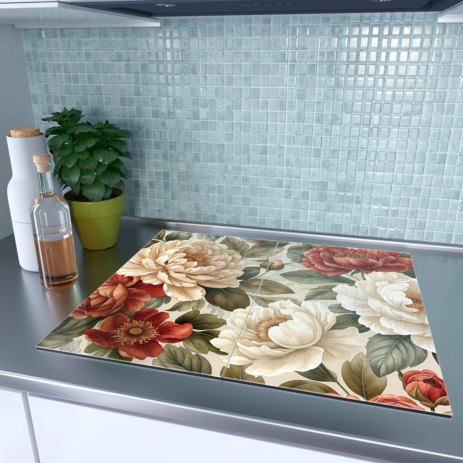 2-teilige Herdabdeckplatte mit Florales Blütenmuster-Motiv auf dem Ceranfeld