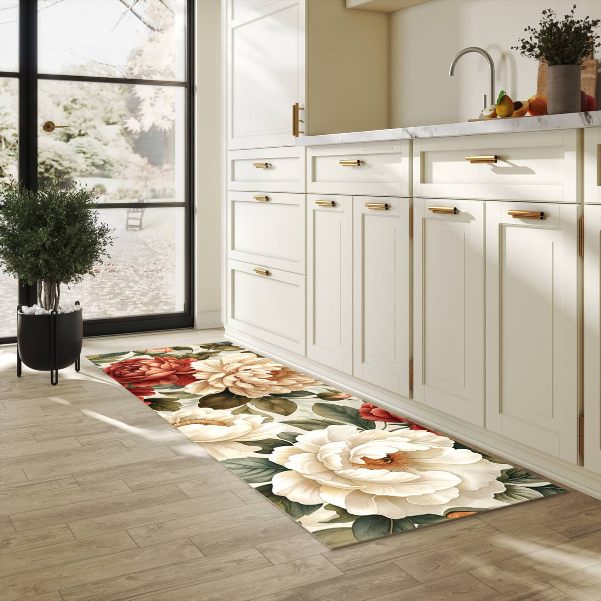 Langlebiger Küchenläufer mit Motiv Florales Blütenmuster in heller Küche