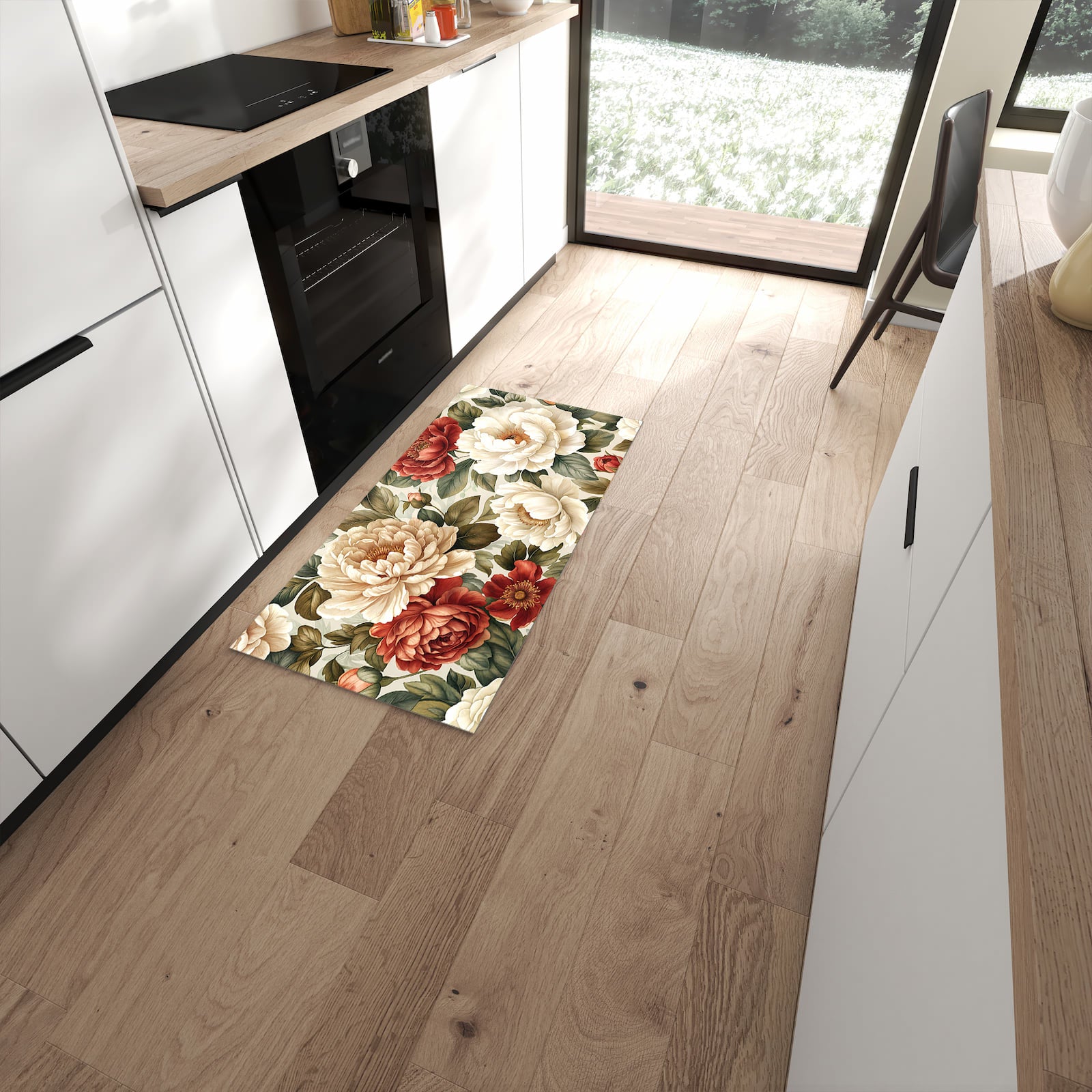 Bodenschonender rutschfester Läufer mit Motiv Florales Blütenmuster in moderner Küche #grösse_60 x 120 cm