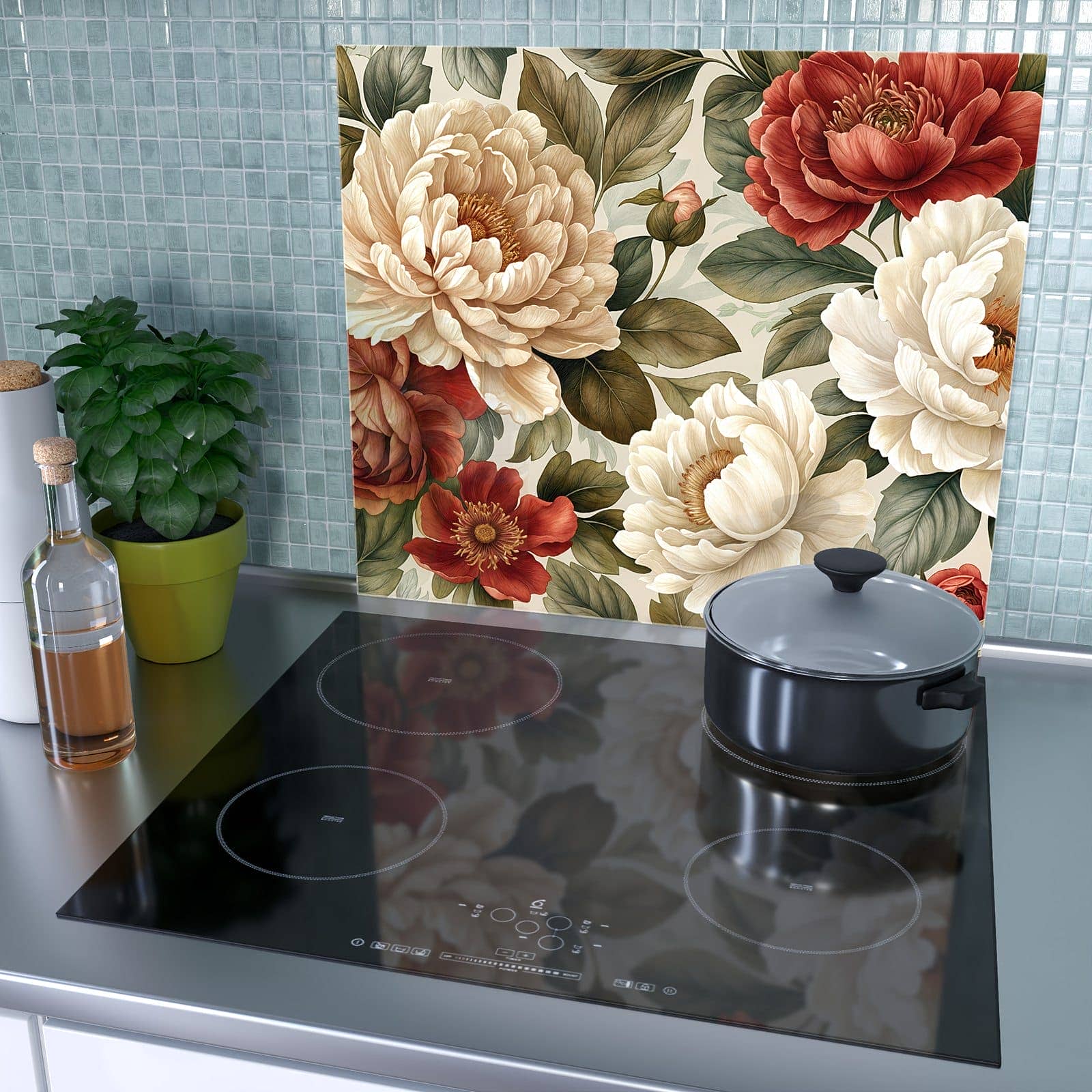1-teilige Herdabdeckplatte aus Glas mit Florales Blütenmuster-Motiv als Spritzschutz hinter dem Kochfeld