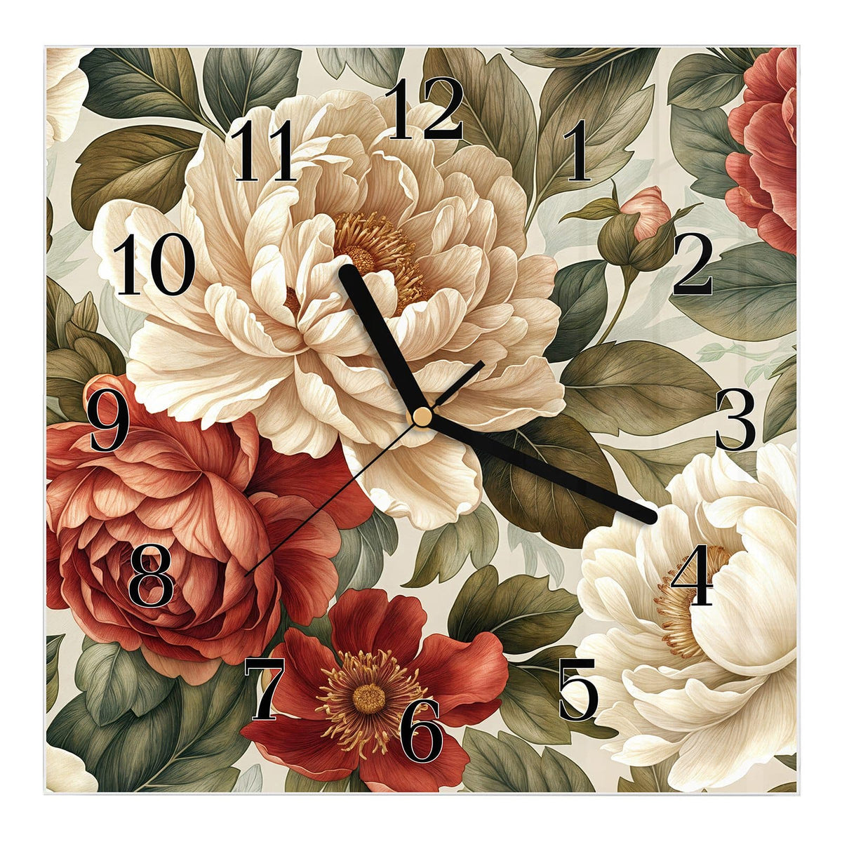 Wanduhr aus Glas, Ziffernblatt Klassisch: Musterfläche aus cremeweißen und roten Pfingstrosen mit olivgrünen Blättern