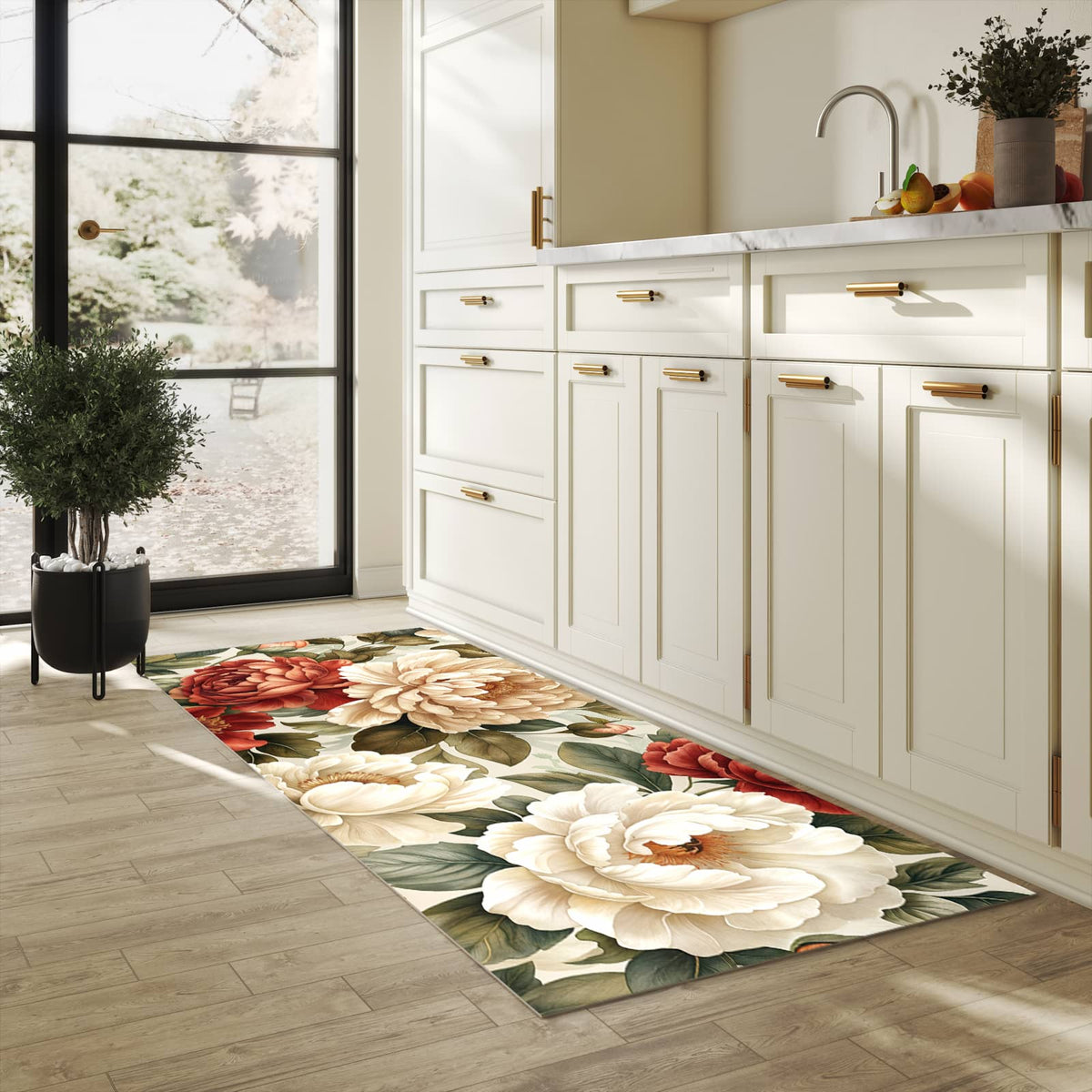 Waschbarer Küchenteppich mit Motiv Florales Blütenmuster für Ordnung in heller Küche