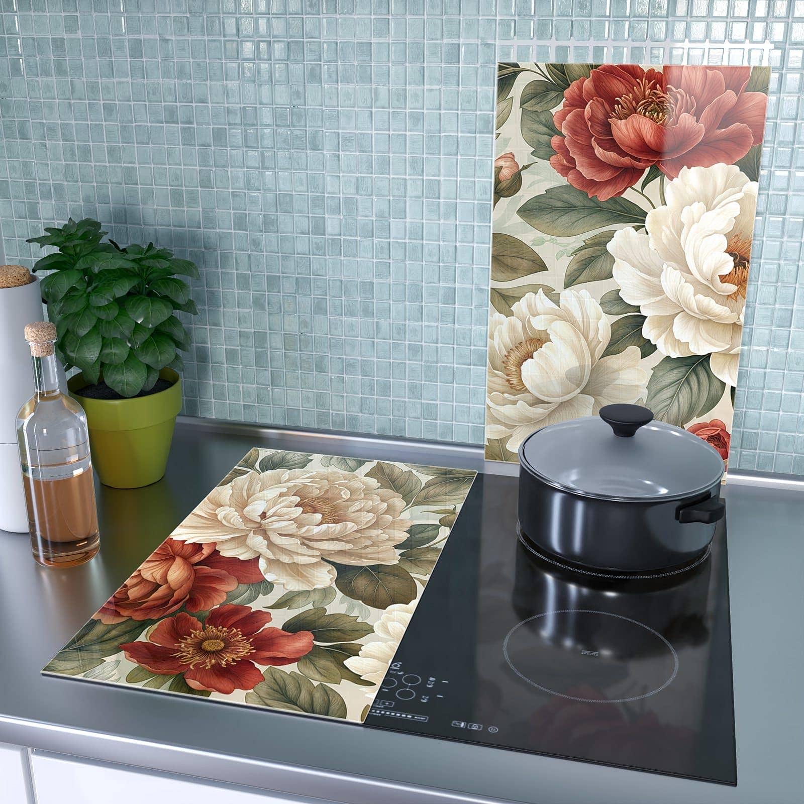 2-teilige Herdabdeckplatten mit Florales Blütenmuster-Motiv als Spritzschutz hinter dem Kochfeld