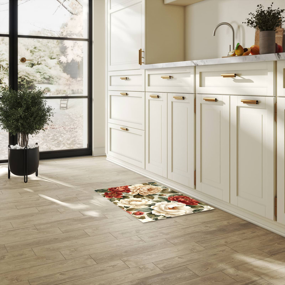 Strapazierfähiger Küchenteppich mit Motiv Florales Blütenmuster in heller Küche
