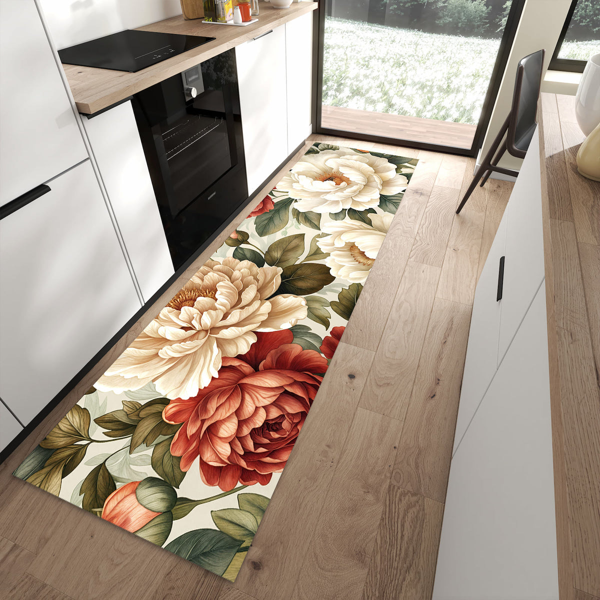 Wasserabweisender Küchenteppich mit Motiv Florales Blütenmuster in moderner Küche