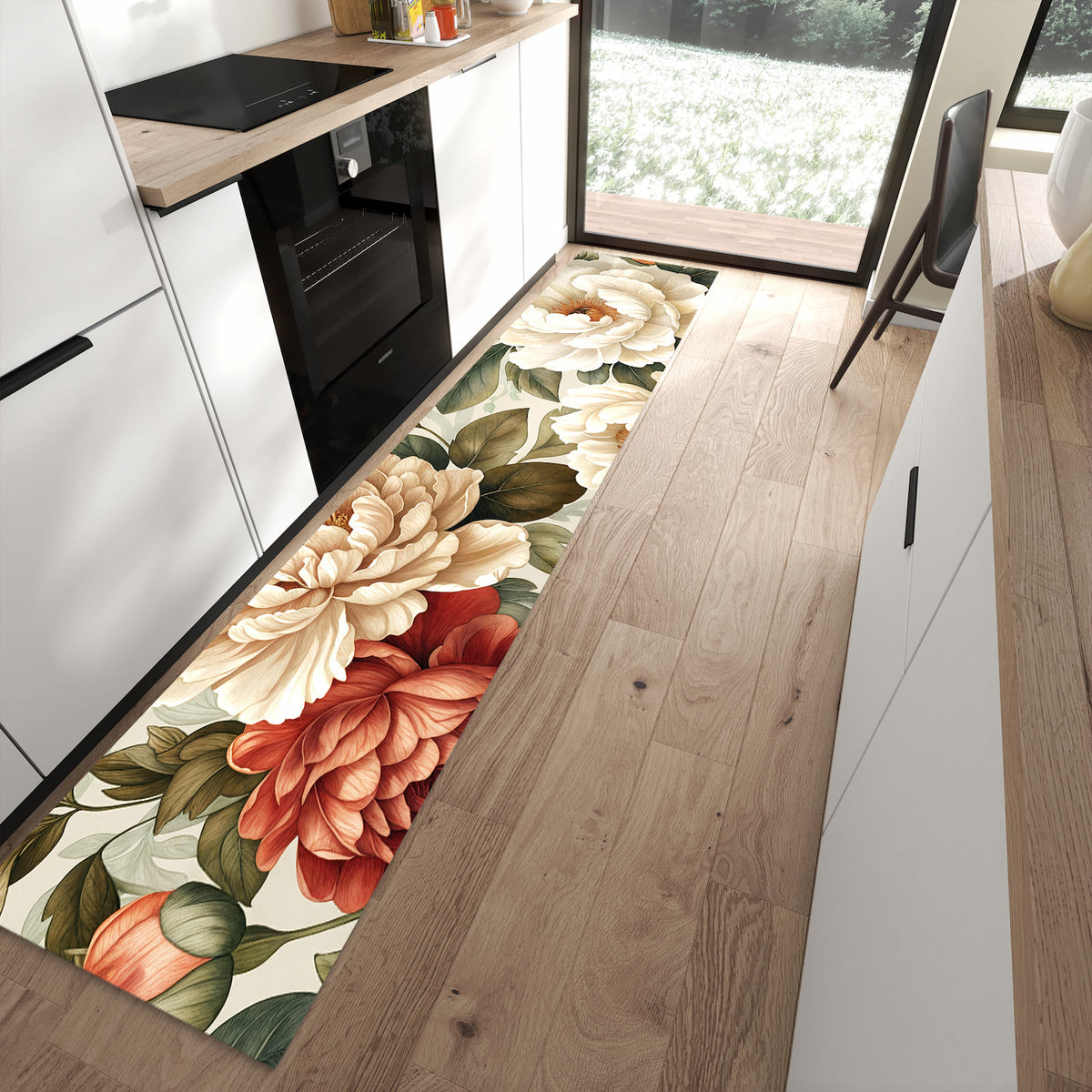 Geräuschdämpfender Teppich für Esstisch mit Motiv Florales Blütenmuster in moderner Küche