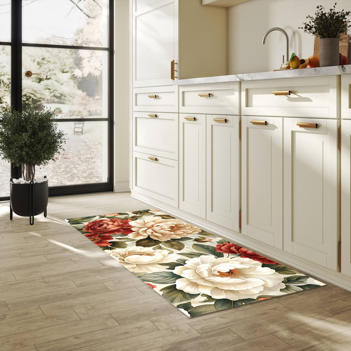 Waschbarer Küchenteppich mit Motiv Florales Blütenmuster in heller Küche