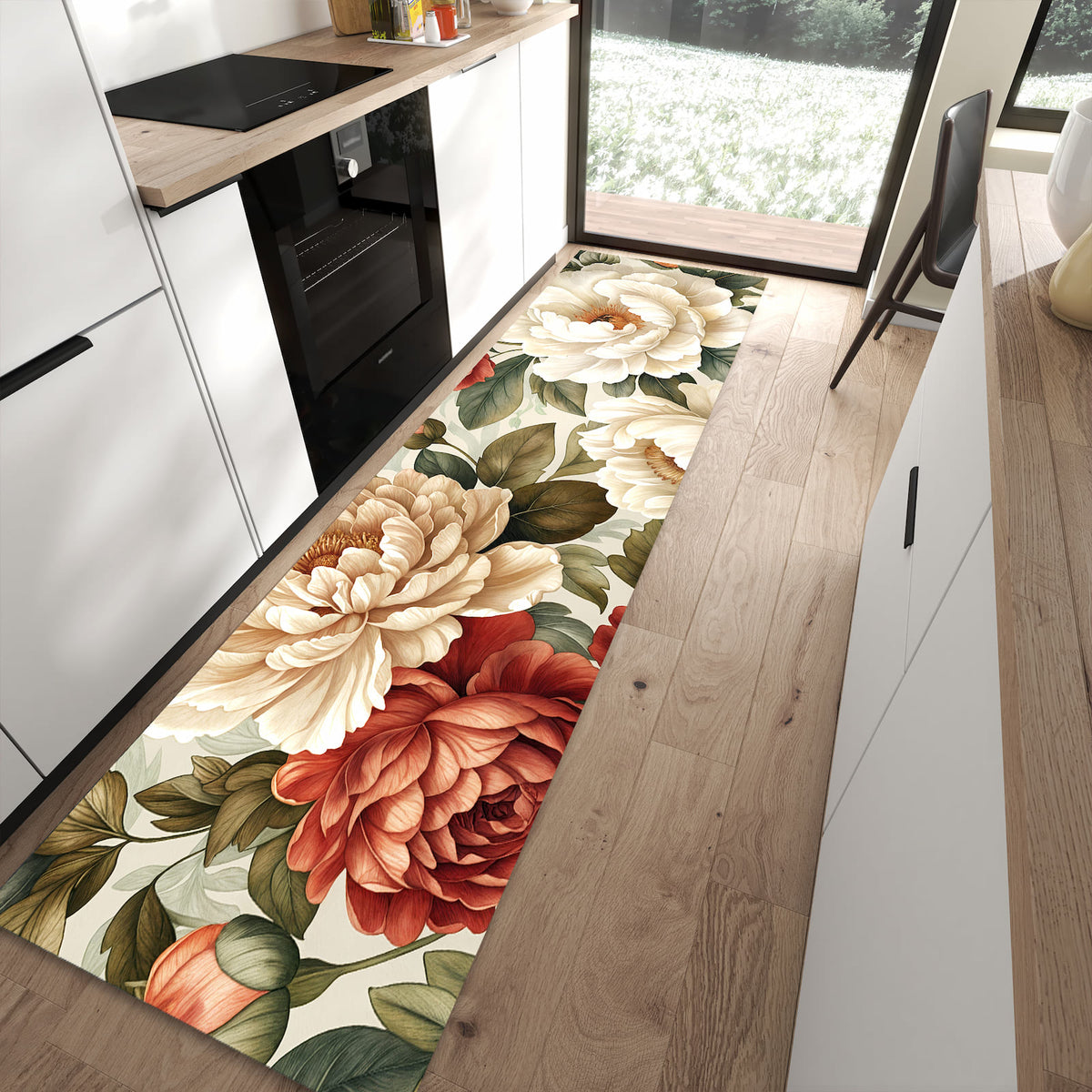 Fleckenresistenter waschbarer Küchenteppich mit Motiv Florales Blütenmuster in moderner Küche
