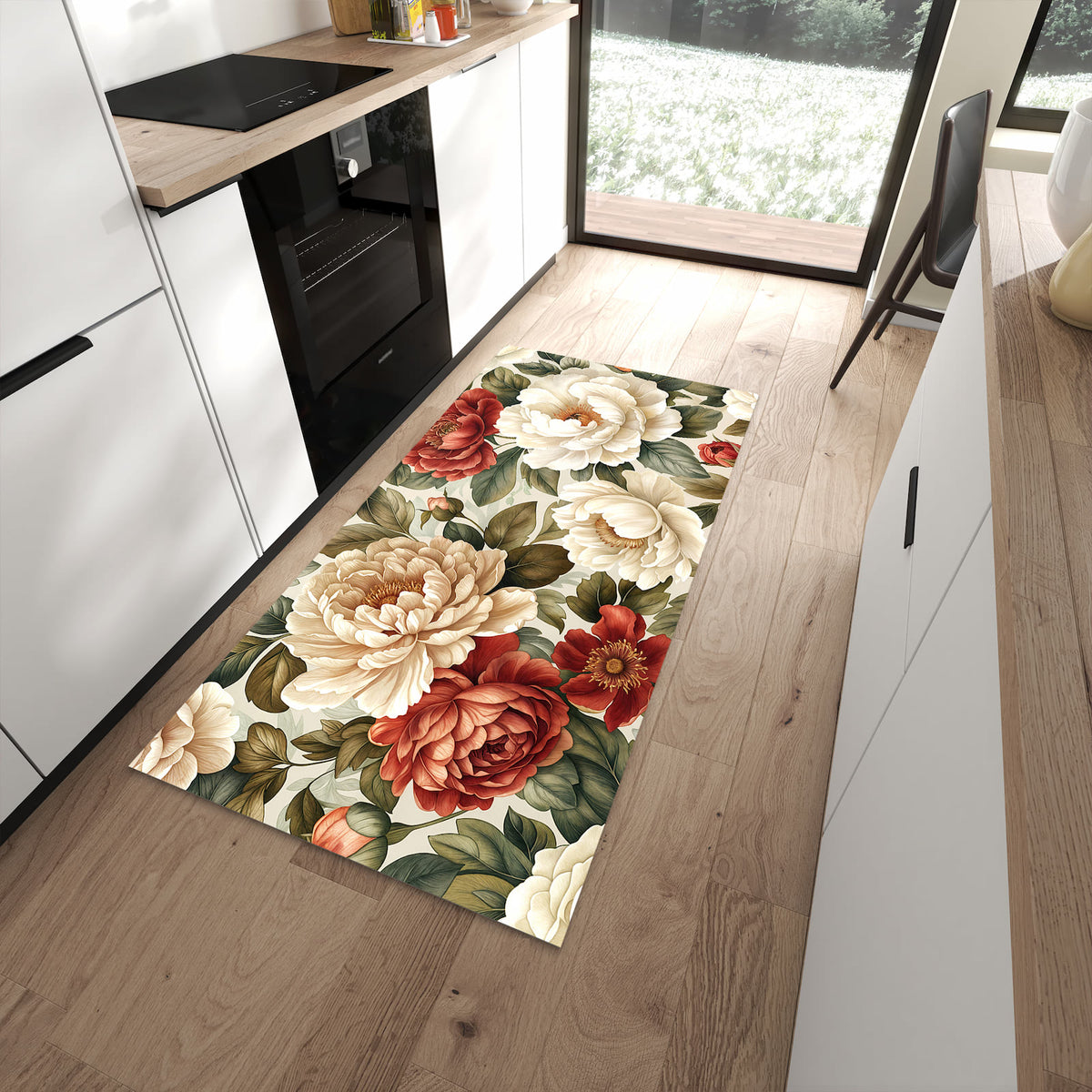 Schmutzabweisender Küchenteppich mit Motiv Florales Blütenmuster in moderner Küche