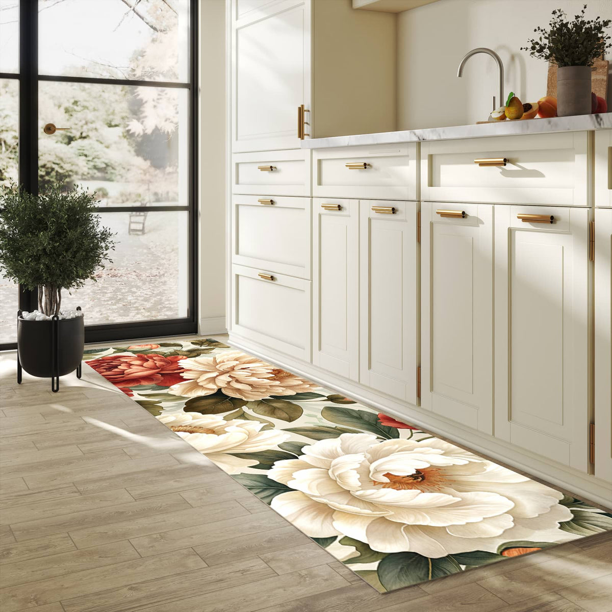 Feuchtigkeitsresistenter Küchenteppich mit Motiv Florales Blütenmuster in heller Küche