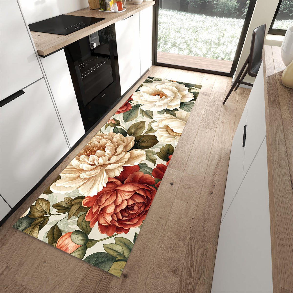 Komfortabler Bodenläufer-Teppich mit Motiv Florales Blütenmuster in moderner Küche