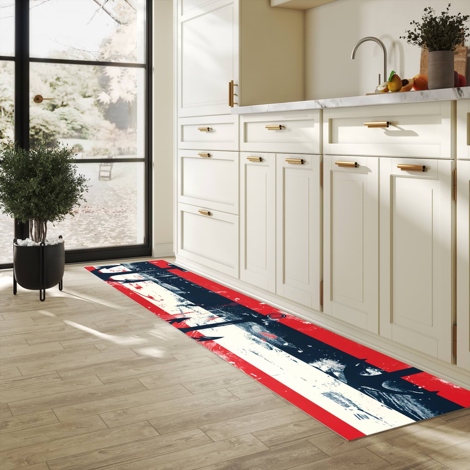 UV-beständiger Teppichläufer mit Motiv Anker Streifen in heller Küche