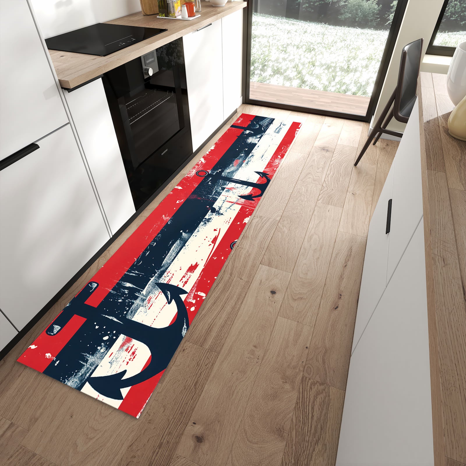 Küchenvorleger mit Motiv Anker Streifen für angenehme Haptik in moderner Küche