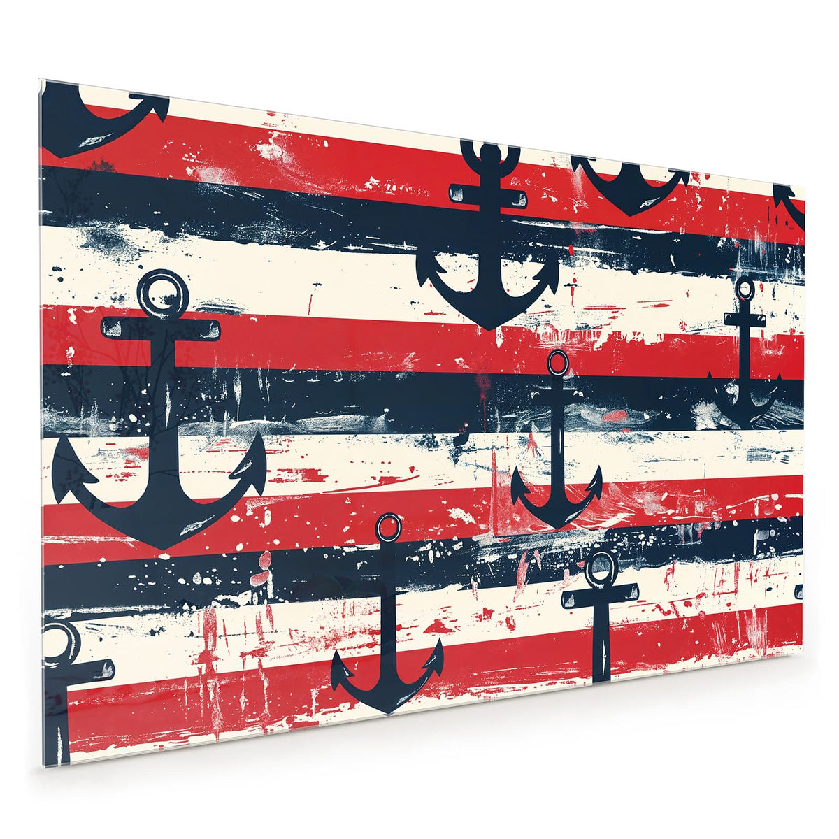 Küchenrückwand aus Glas im Hochformat mit Motiv Anker auf Streifen: Marineblaue Anker auf rot-weiß gestreiftem, abgenutztem Grund