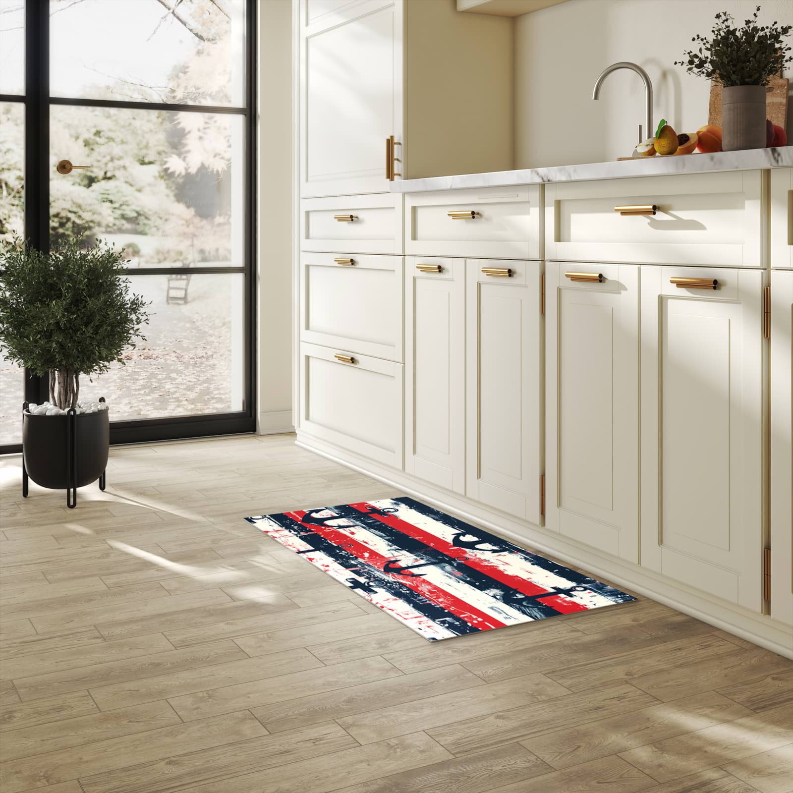 Formstabiler Küchenläufer mit Motiv Anker Streifen in heller Küche