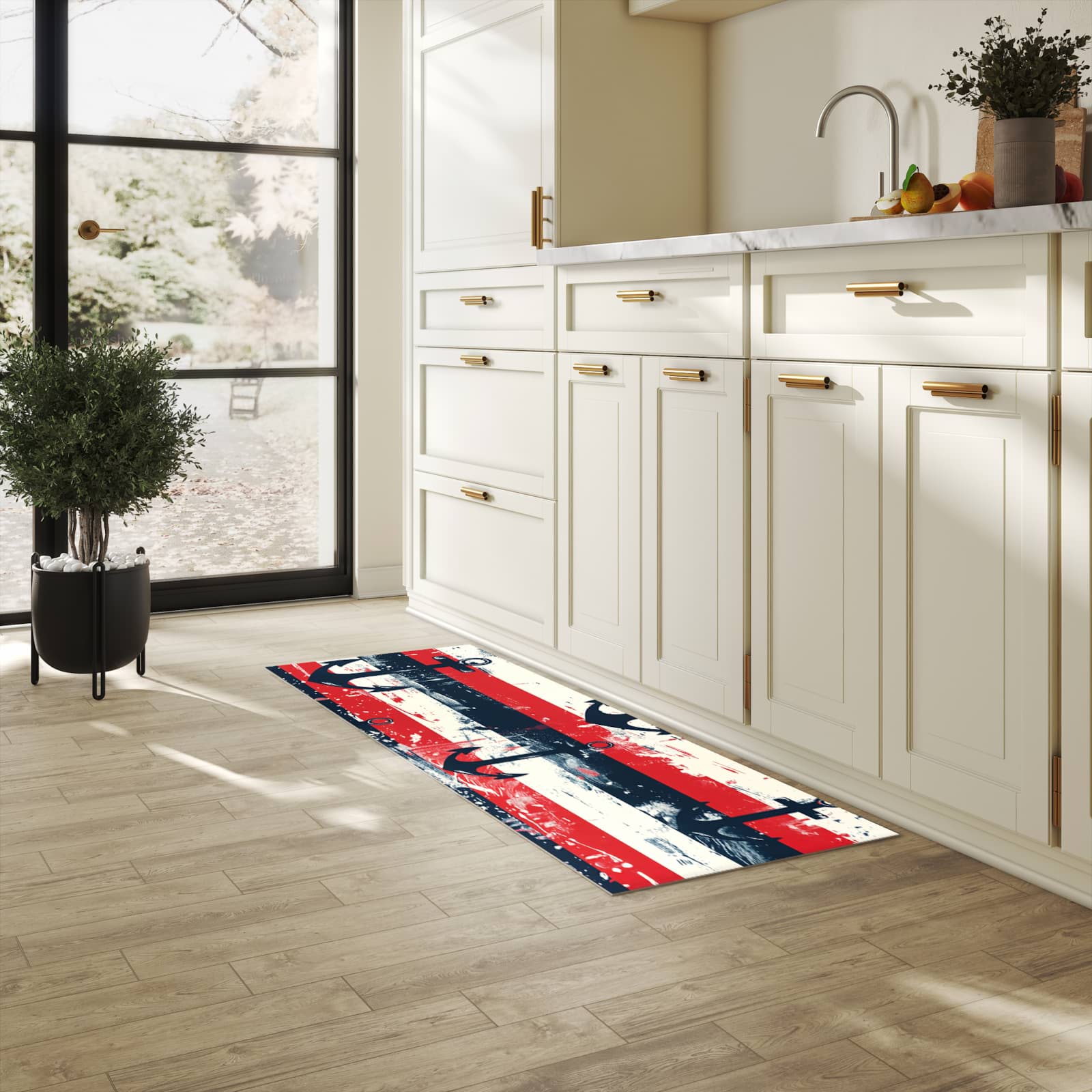 Zeitsparender waschbarer Küchenteppich mit Motiv Anker Streifen in heller Küche