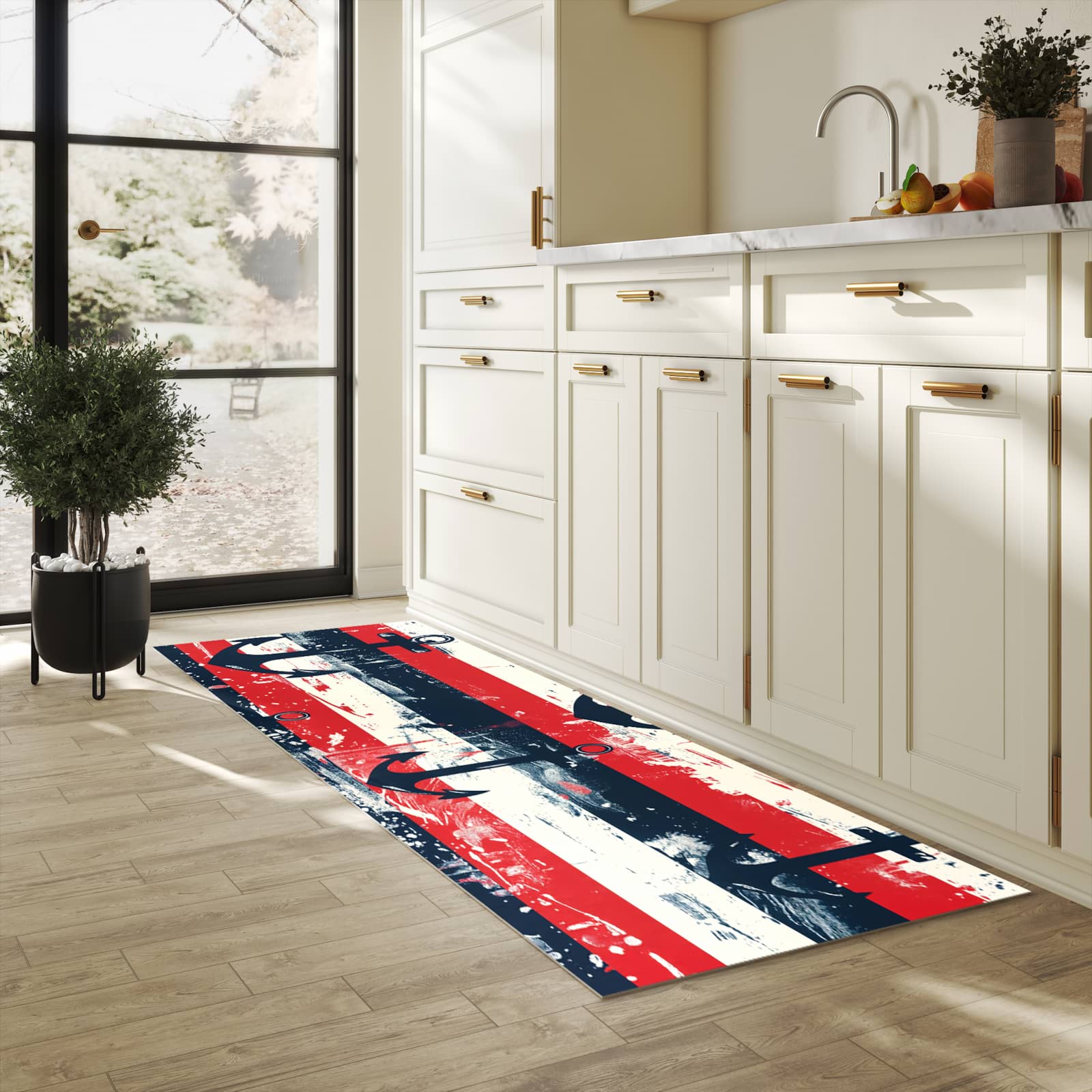 Fleckenresistenter langer Teppich mit Motiv Anker Streifen in heller Küche