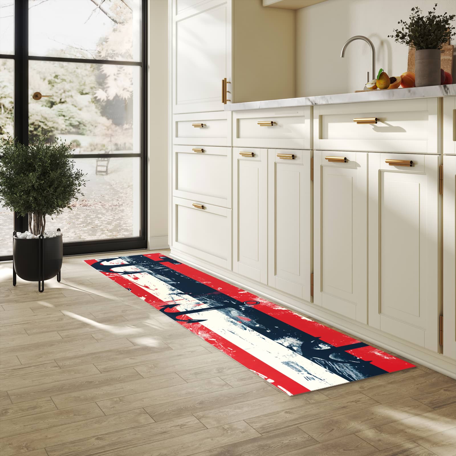 Abriebfester Küchenläufer mit Motiv Anker Streifen in heller Küche