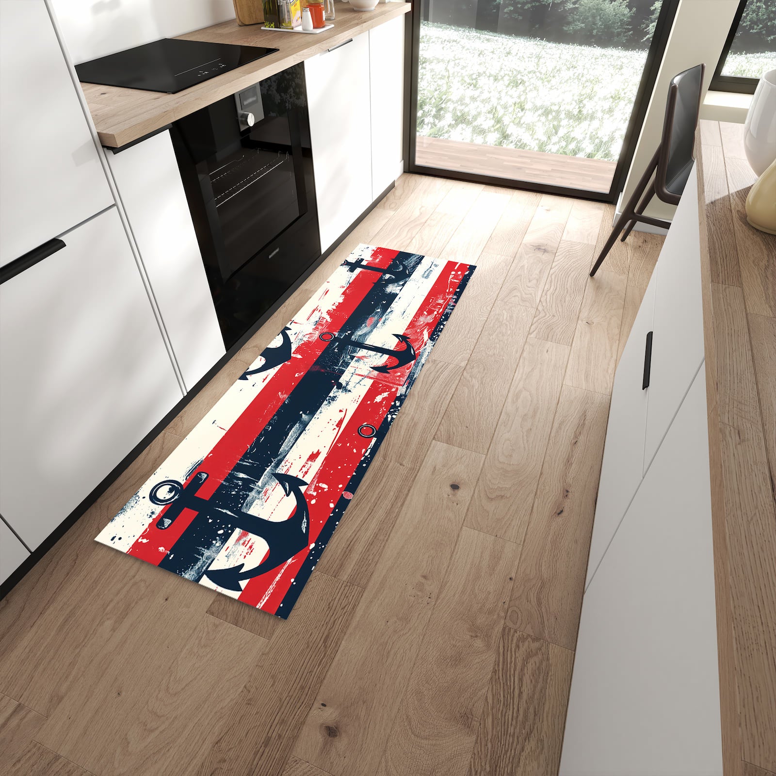 Rutschfester Küchenläufer mit Motiv Anker Streifen in moderner Küche