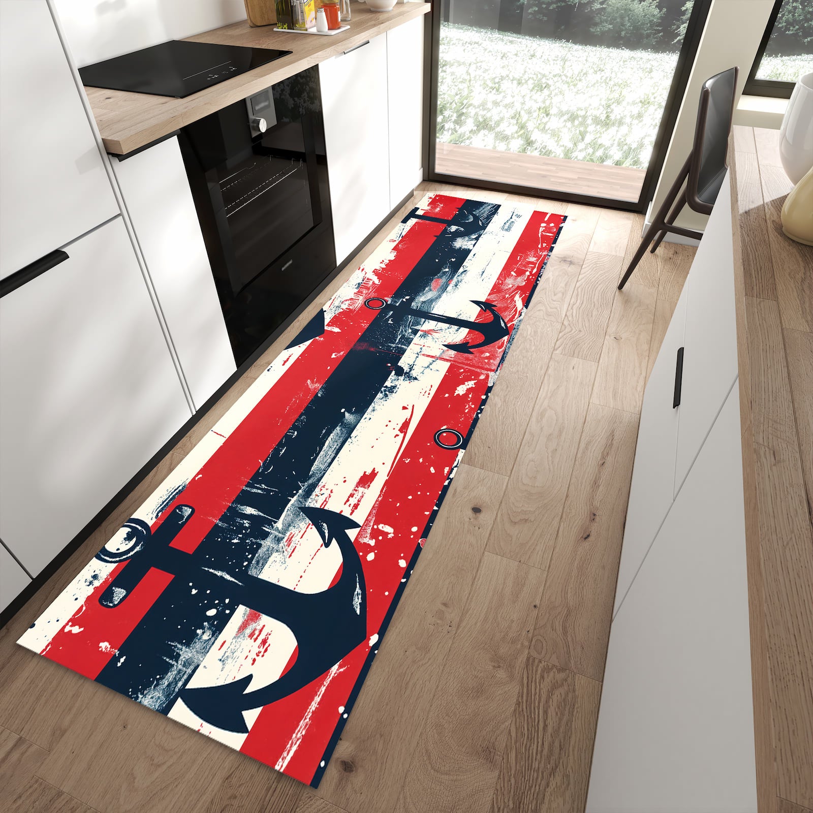 Rutschfester waschbarer Küchenläufer mit Motiv Anker Streifen in moderner Küche